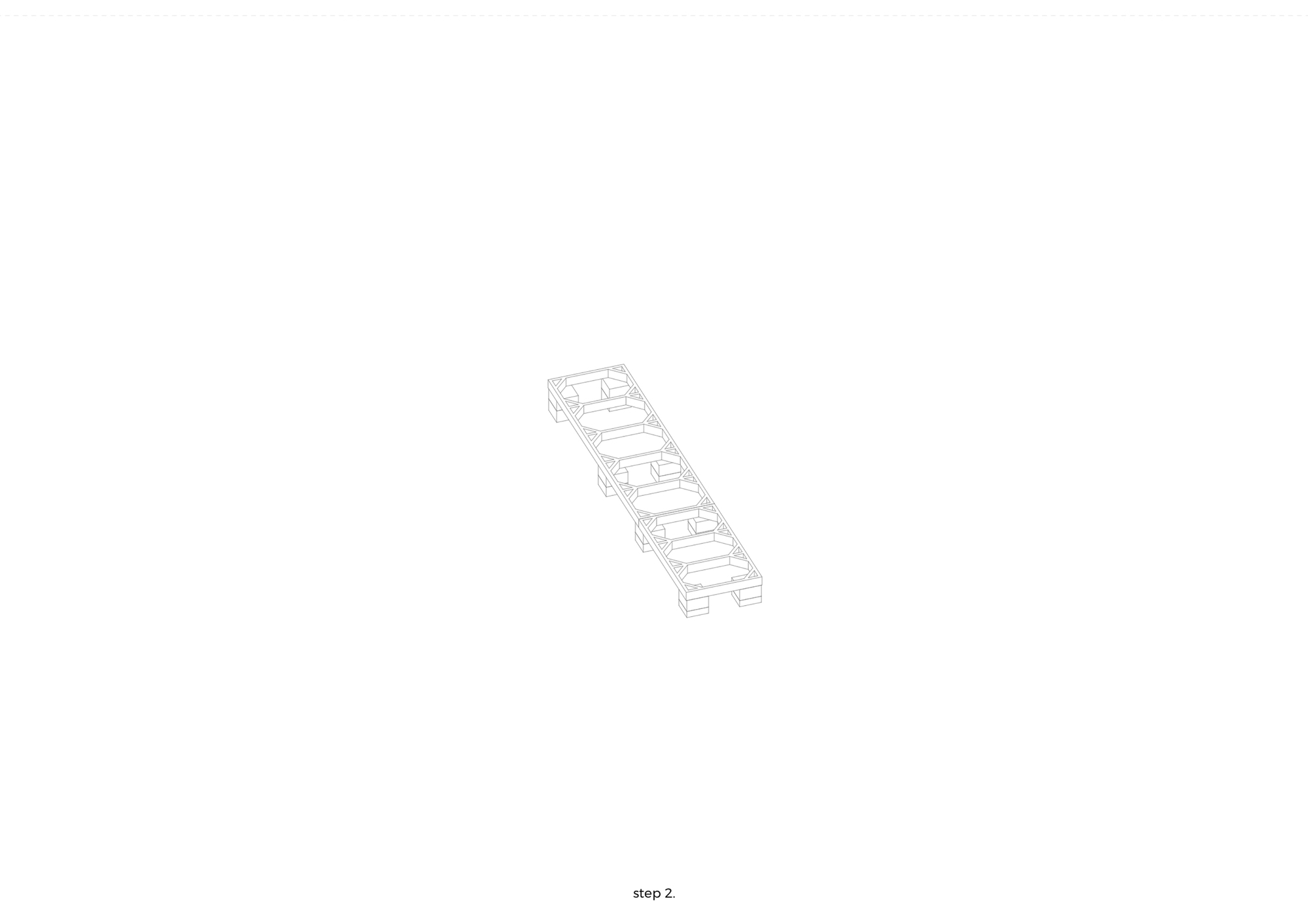 Axonometric drawing showing a linear structural frame with horizontal floor plates and side bracing
