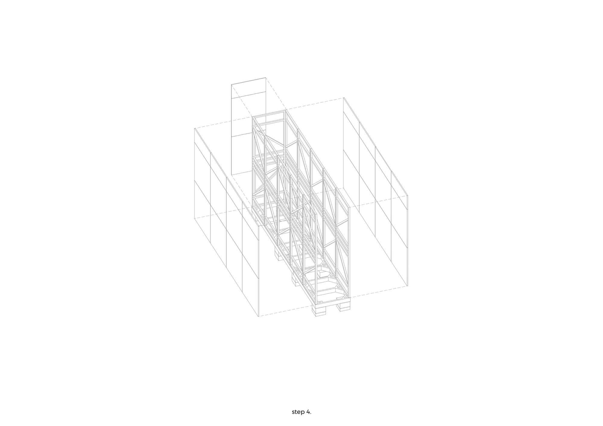 Axonometric drawing showing the structural core enclosed by flanking wall panels and ceiling elements