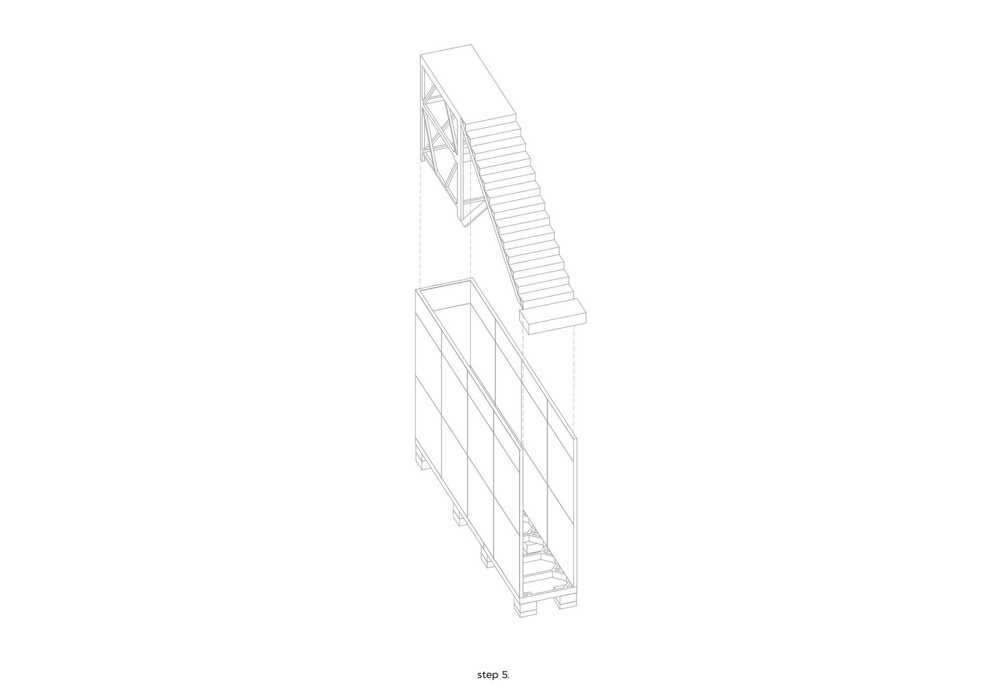 Axonometric drawing showing the staircase cantilevering outward from the main volume at an angle