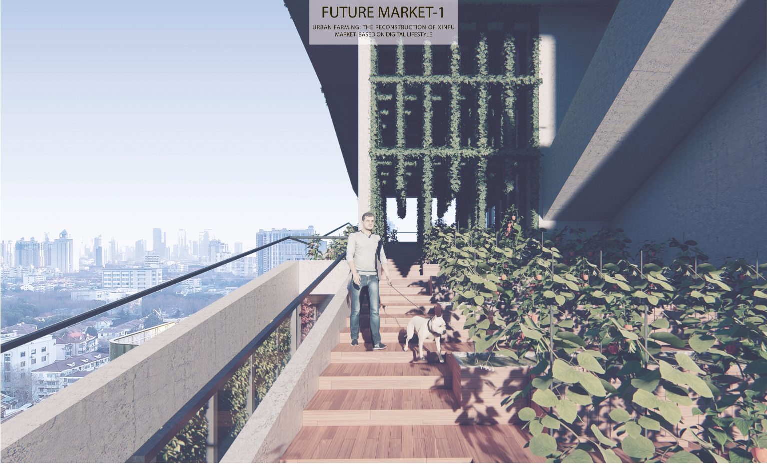 Terraced urban farming spaces seamlessly connect nature, community, and skyline views within the Future Market.