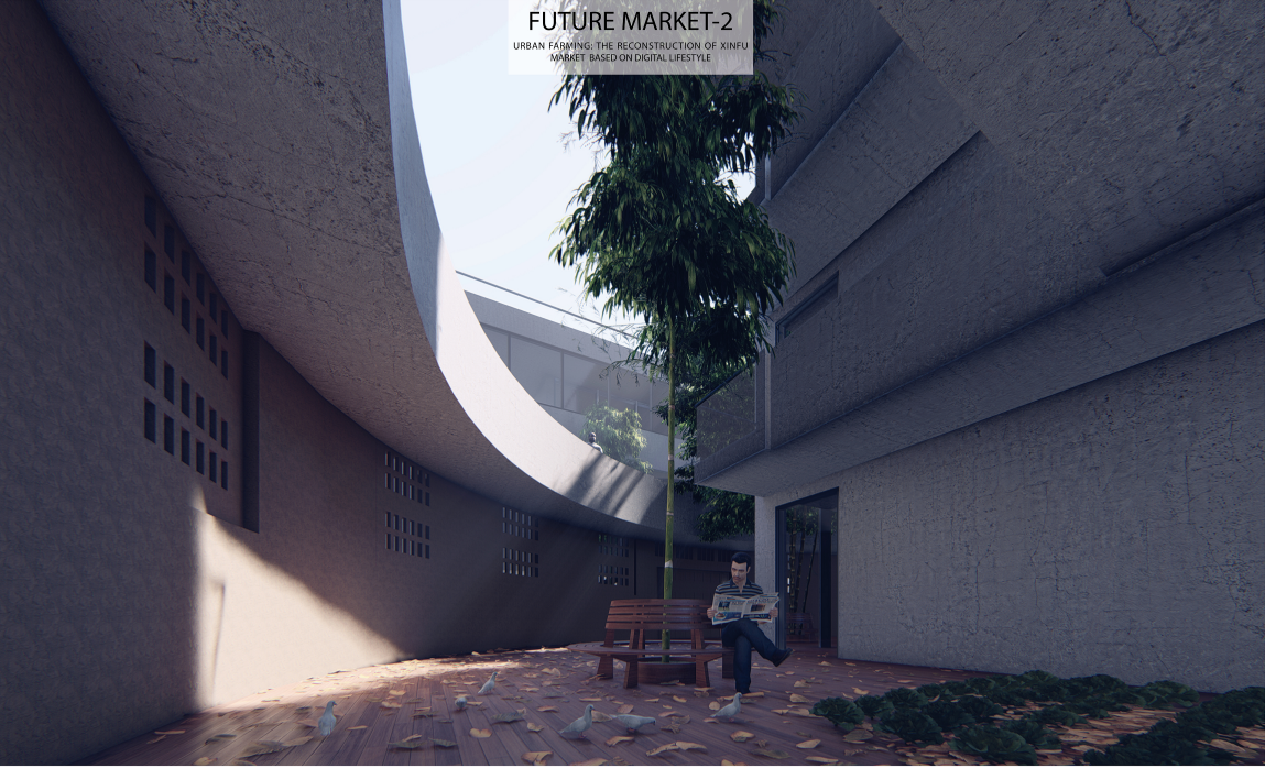 A shaded community courtyard creates a peaceful gathering space that strengthens social interaction at the heart of the development.