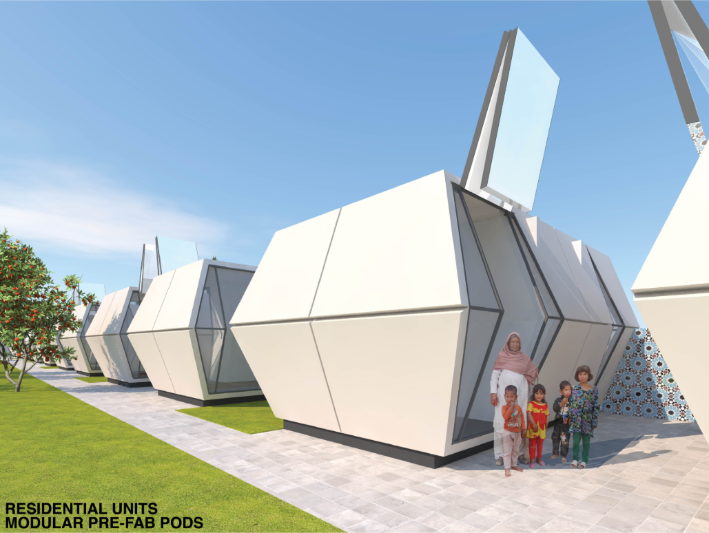 Modular prefab housing pods create compact, secure family homes.