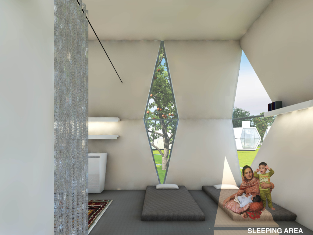 A peaceful sleeping area framed by garden views and natural light.