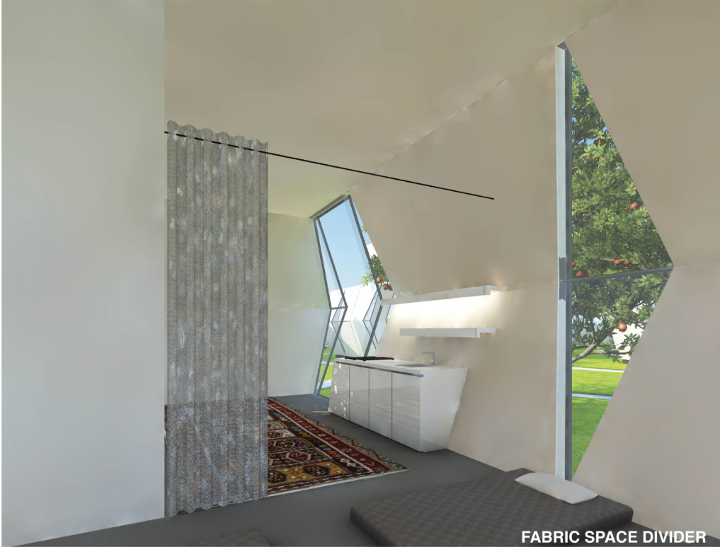 Flexible fabric dividers provide privacy within the compact modular interior.
