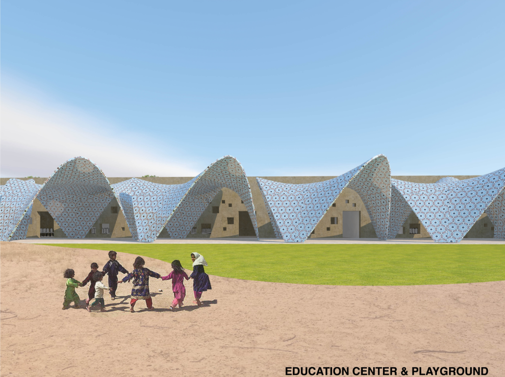 Sculptural tiled vaults shape a shaded education center and children’s playground.