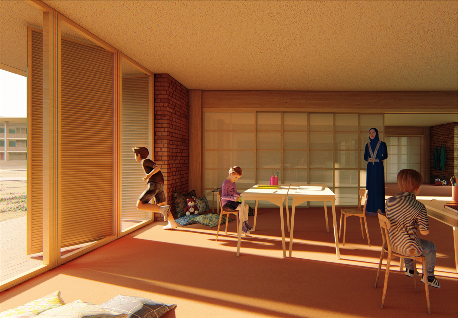 Warm, naturally lit learning spaces connect education with the daily life of children and families.