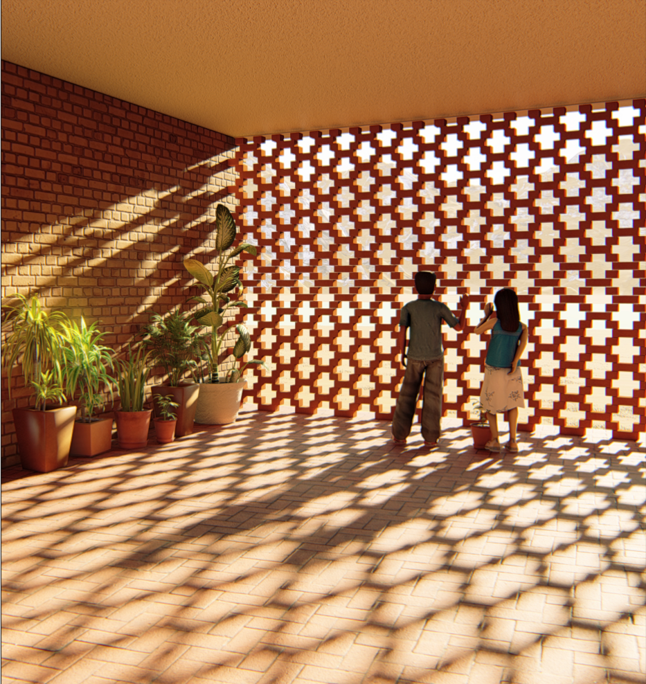 Perforated brick screens filter sunlight while creating shade, ventilation, privacy, and patterned interiors.
