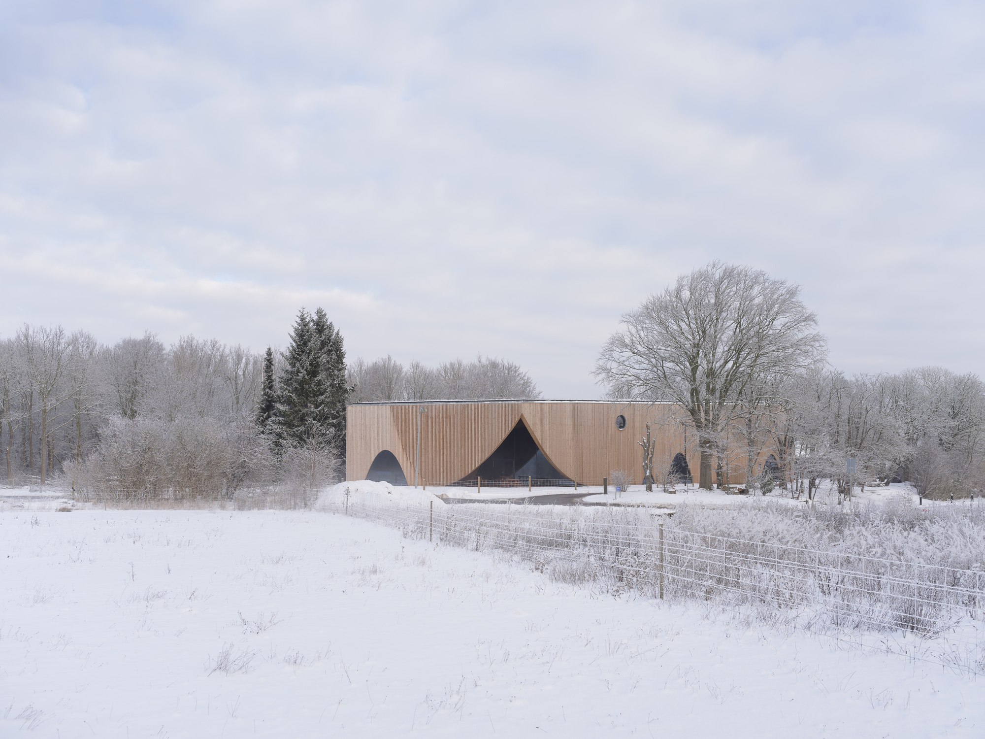 Wood-clad volume with arched openings set in a snow-covered field beneath bare winter trees