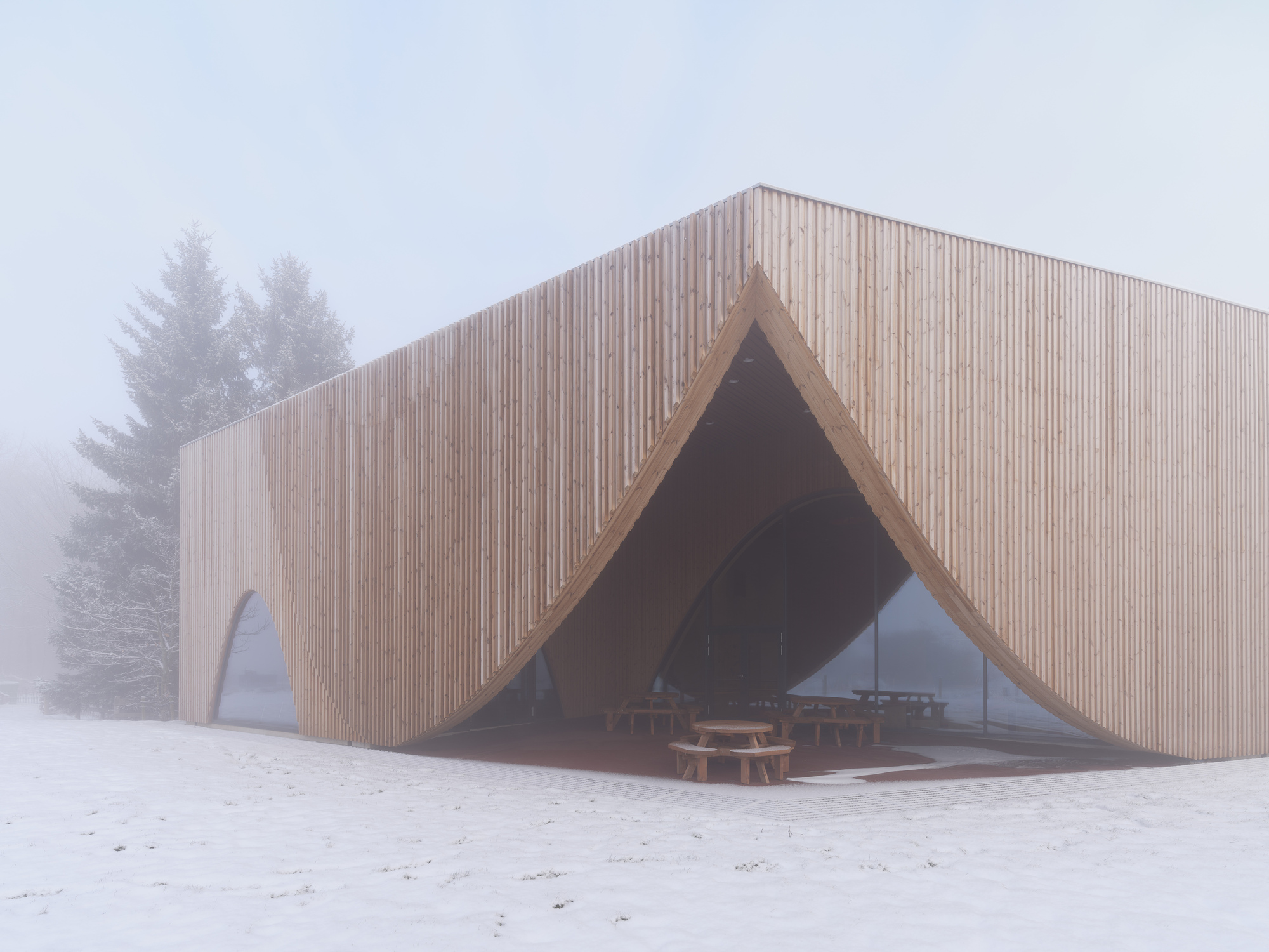 Sheltered outdoor space beneath a peaked timber canopy with picnic tables visible through fog