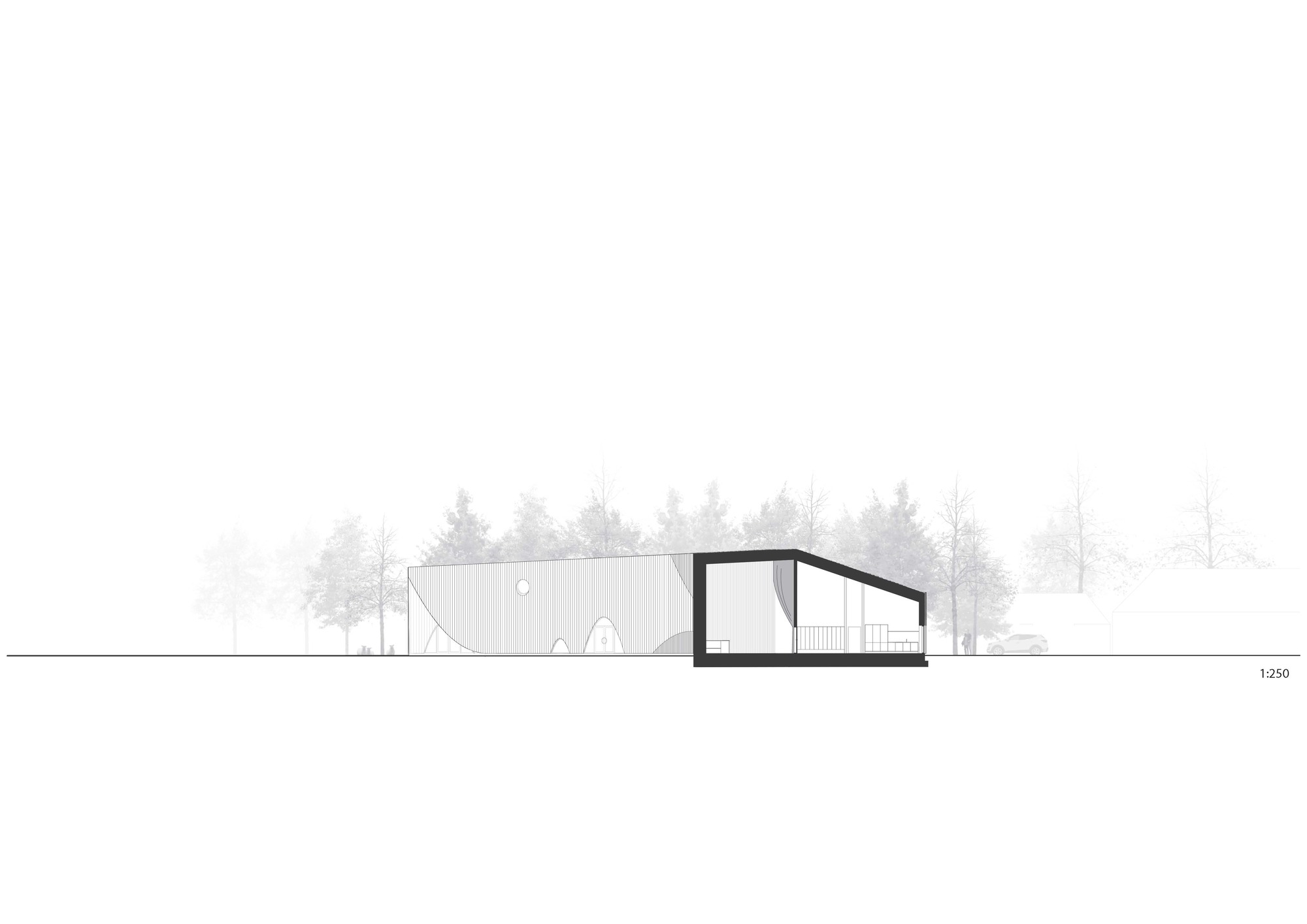 Section drawing showing the sloped roof profile with double-height space and trees in background