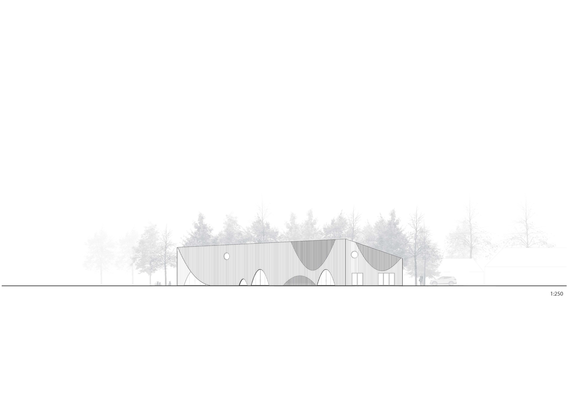 Elevation drawing showing the vertical cladding and arched openings against a forest backdrop