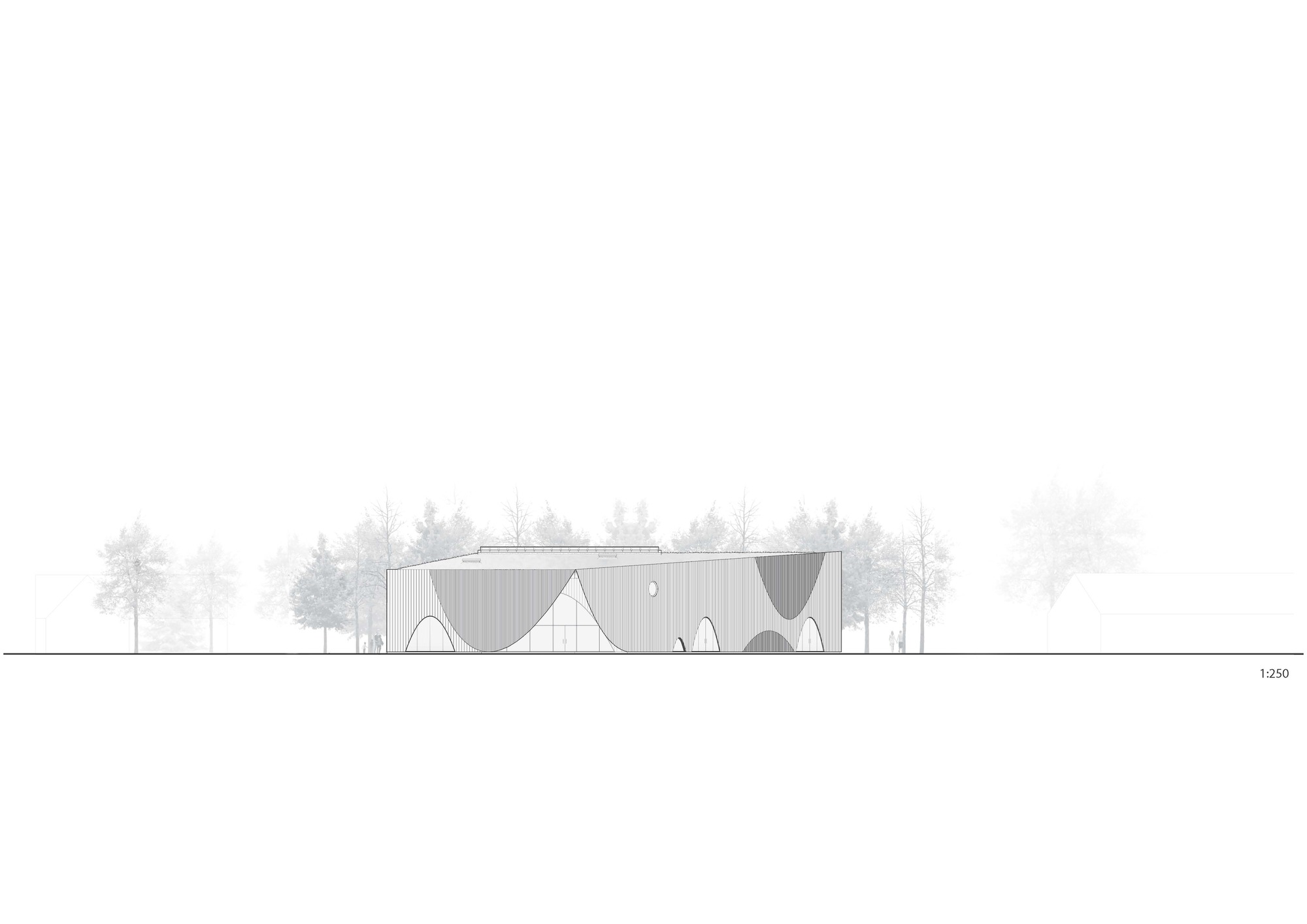 Elevation drawing showing arched cutouts in the facade with circular window and vertical cladding