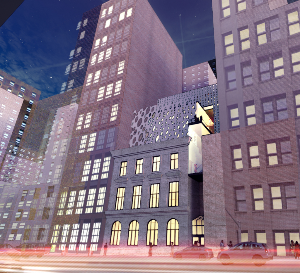 Night street view showing Urban Filter rising above the historic Epiphany Library.