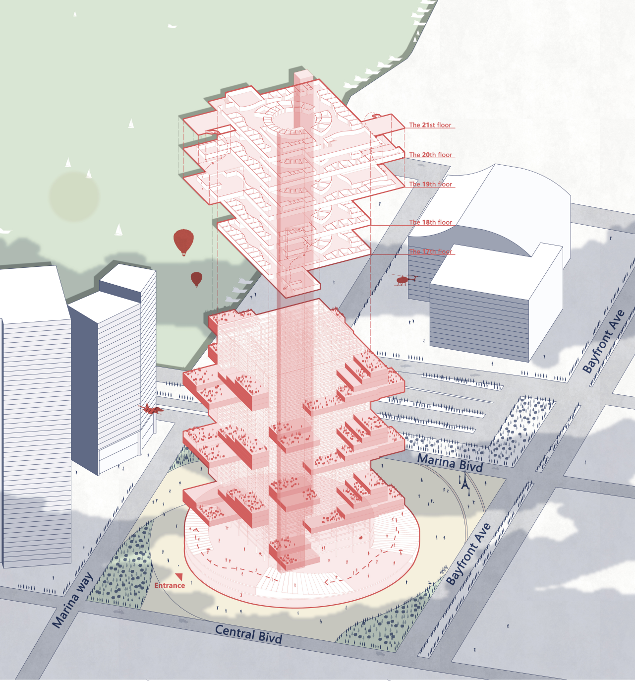 Exploded axonometric revealing the tower’s spiral circulation, layered terraces, and folding community platforms.