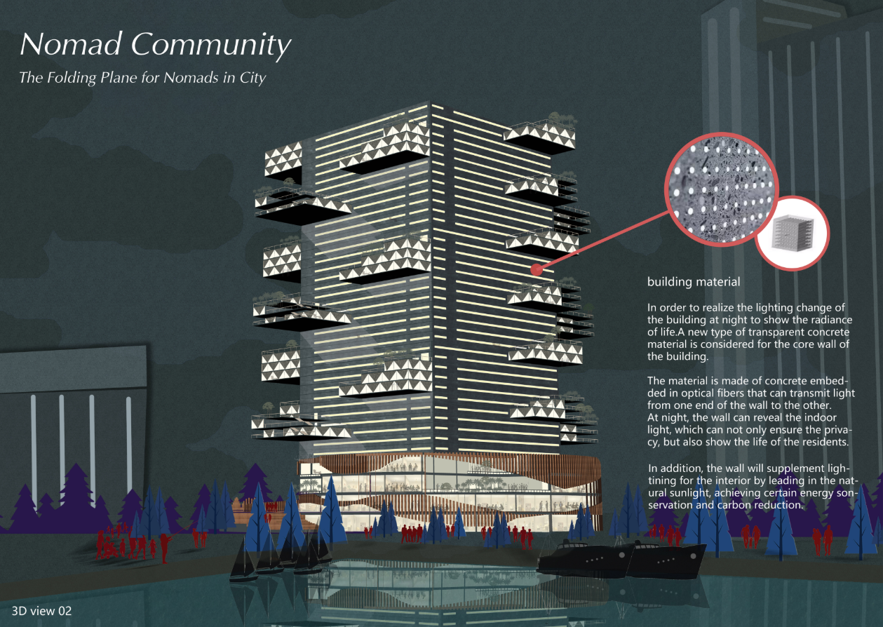 Night view highlighting the illuminated translucent concrete core and projecting communal balconies.