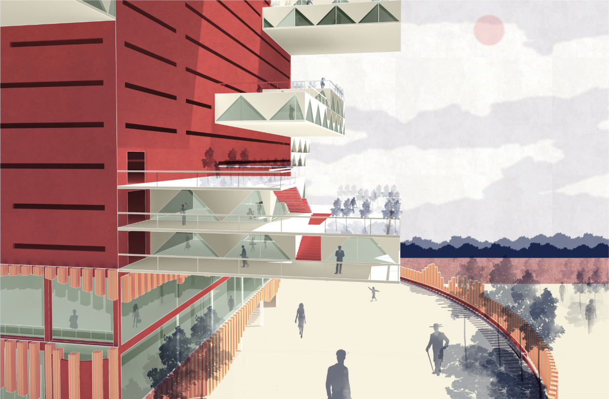 Elevated walkway connecting shared terraces, planted decks, and flexible social spaces around the tower.