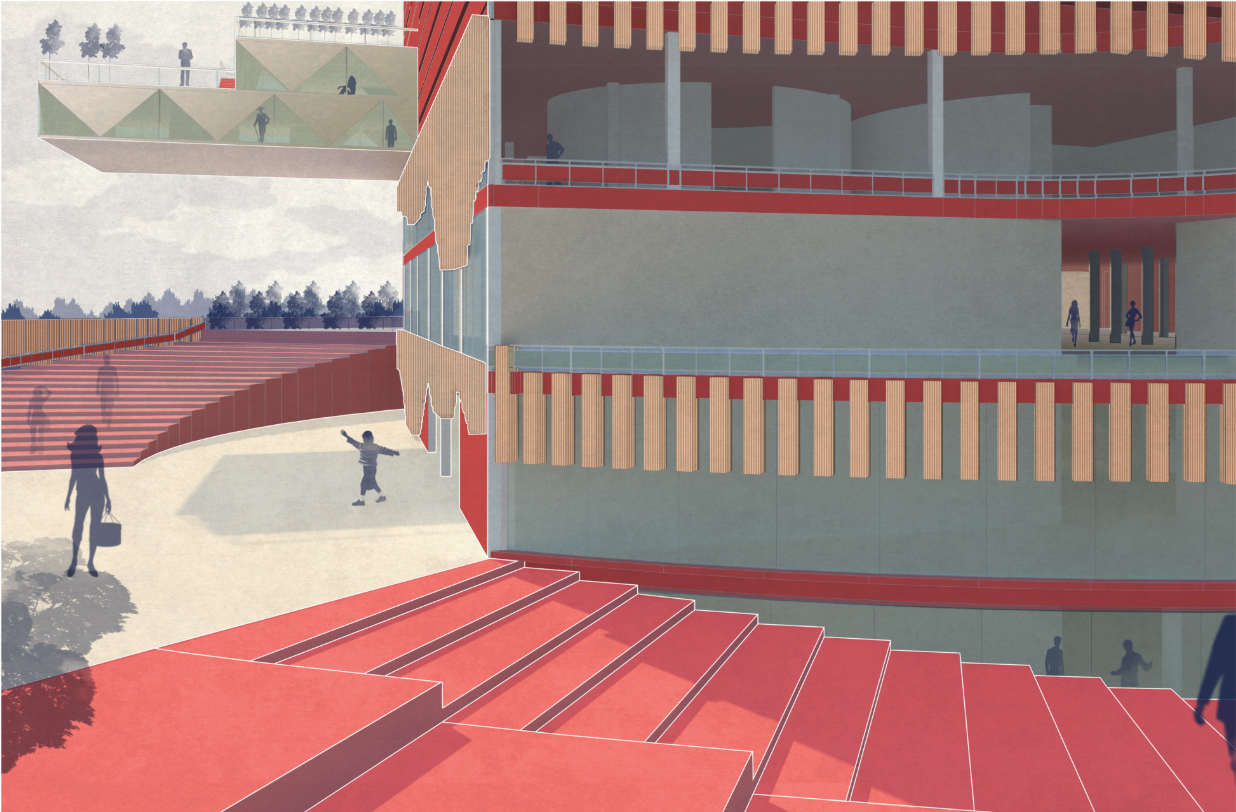 Stepped public plaza creating an active transition between the building, landscape, and community areas.