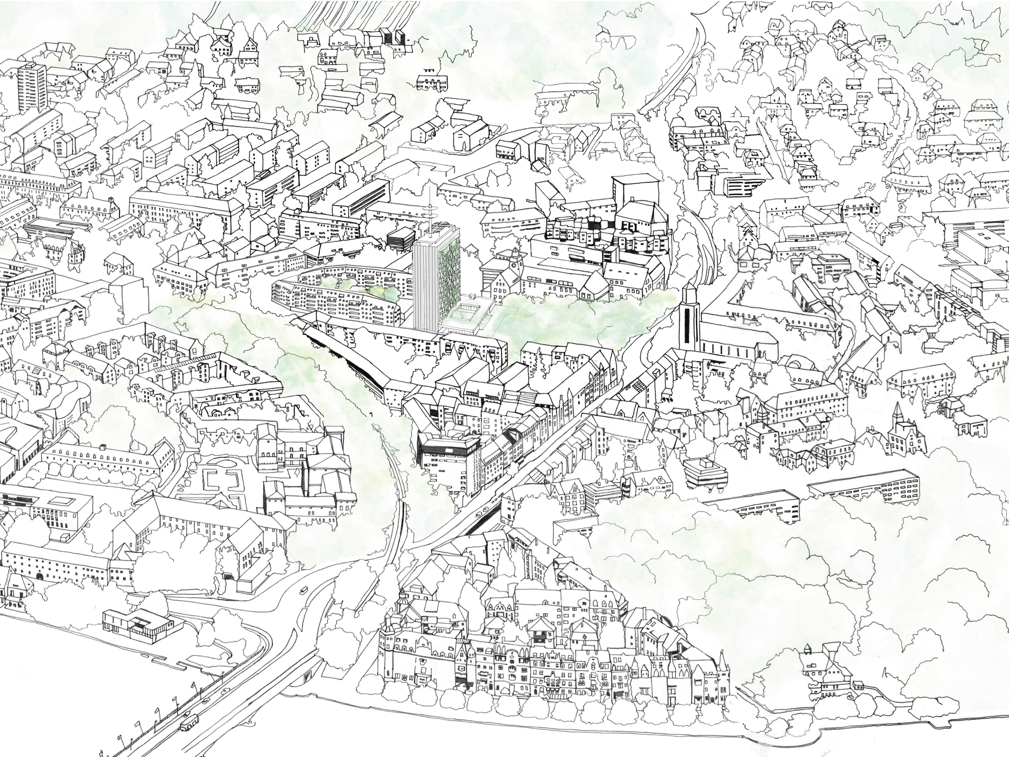 Axonometric drawing showing the urban context with highlighted project buildings along a river corridor