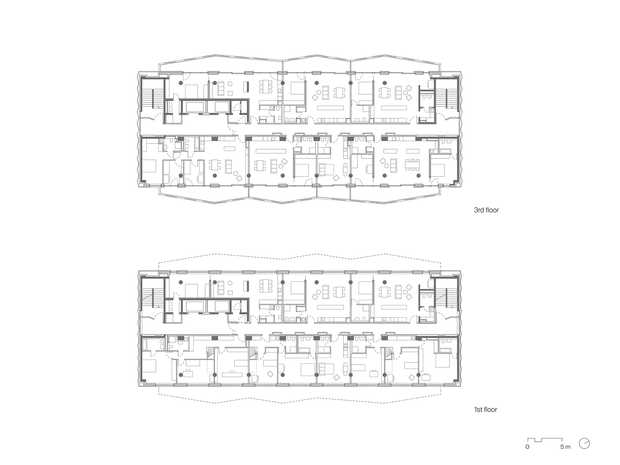 Floor plan drawings showing residential units arranged along a linear bar with staircases at each end