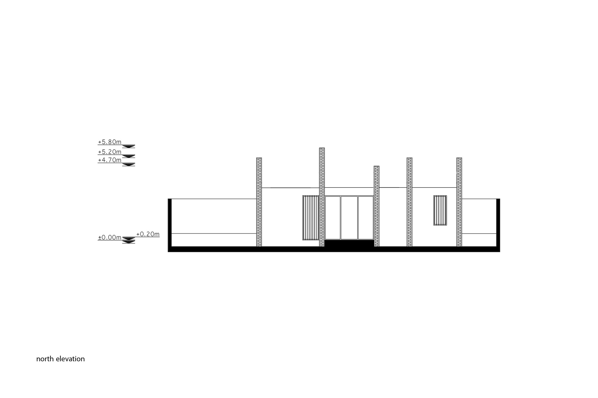 North elevation drawing depicting flat-roofed volumes with vertical hatched walls and small window openings