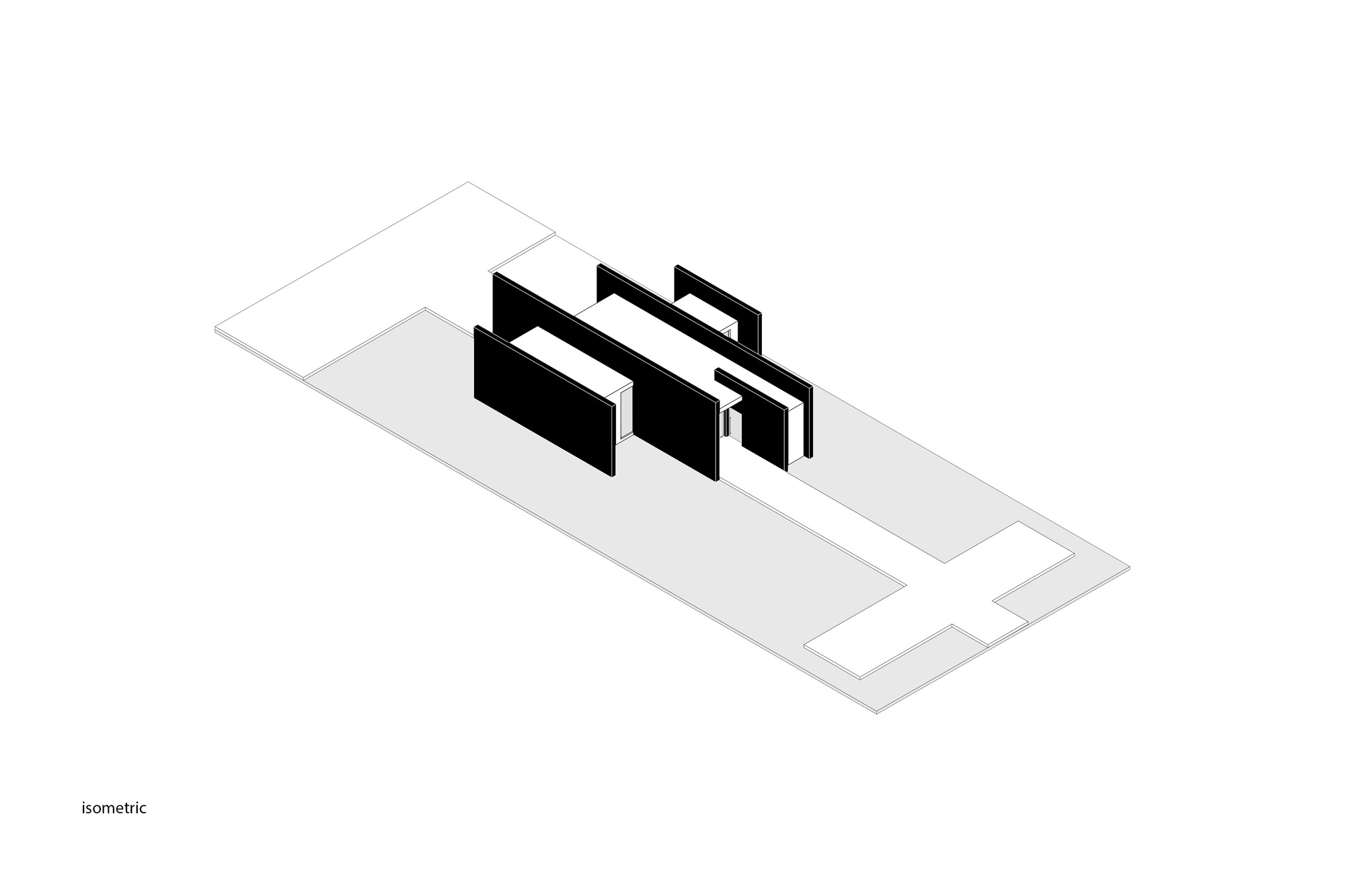 Isometric drawing showing three parallel black volumes set within a rectangular site boundary