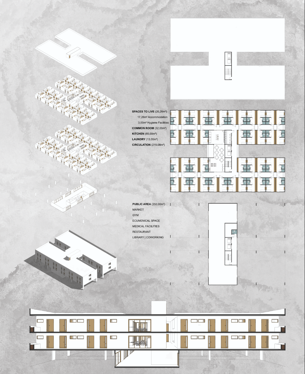 Exploded axonometric, floor plans, and section reveal h-age’s modular three-level senior living system