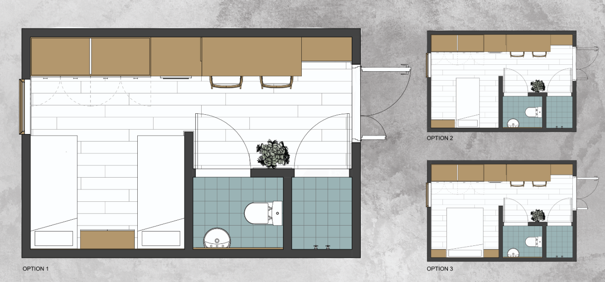 Flexible room layouts show how one compact unit can adapt for single, double, or couple occupancy.