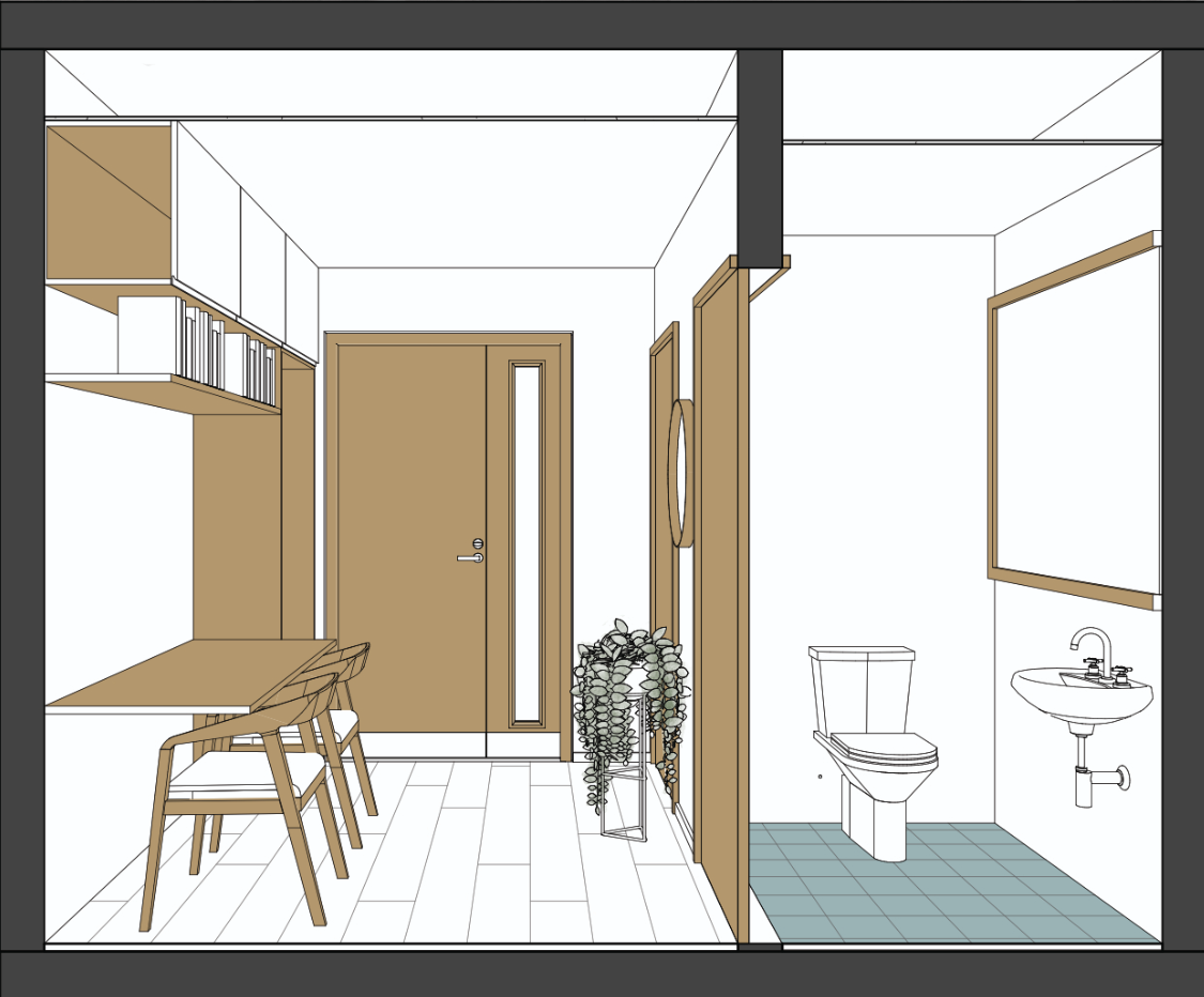 Integrated workspace and accessible bathroom planning support independent daily living within a compact senior housing unit