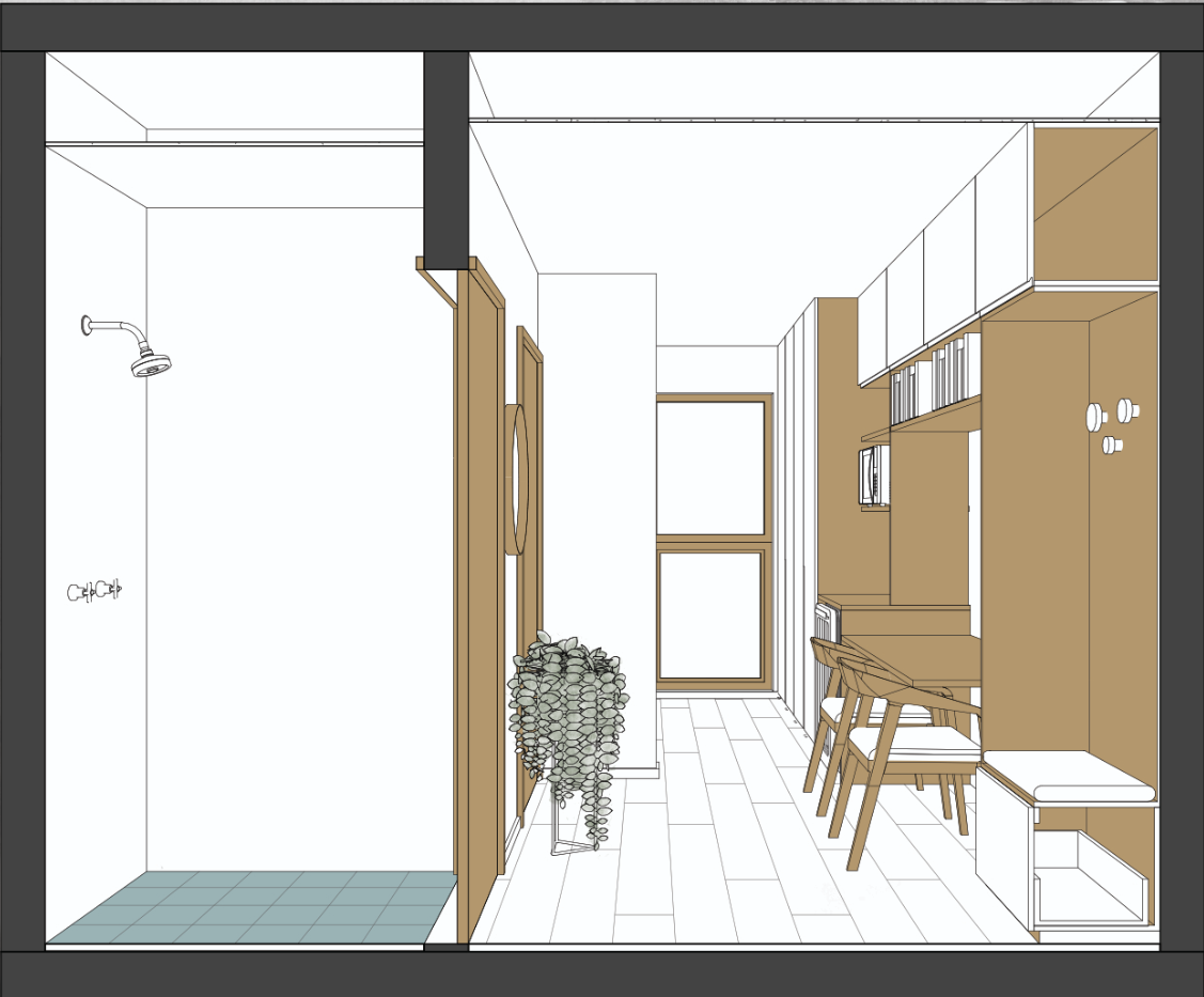 The interior combines an accessible shower, built-in storage, workspace, and natural light within a clear linear layout
