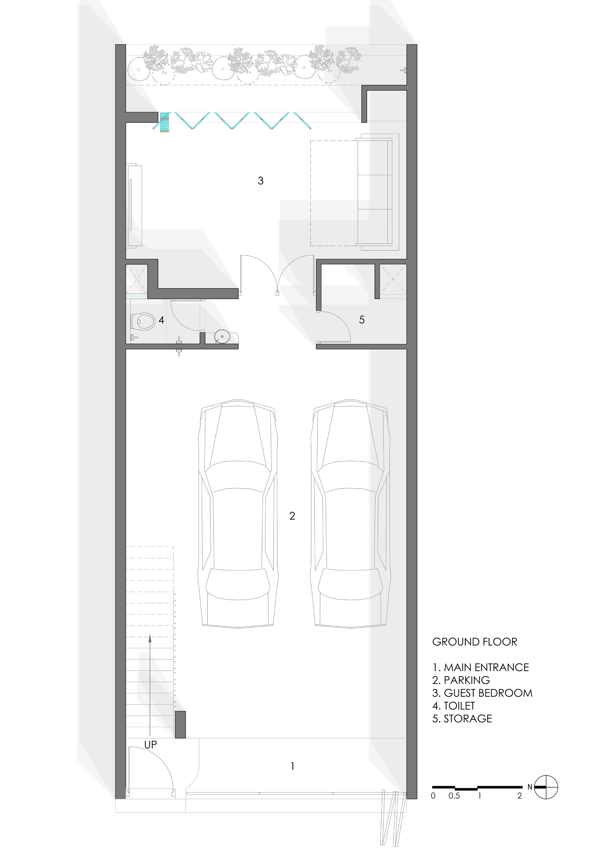 Ground floor plan drawing showing parking area, guest bedroom, toilet and storage spaces