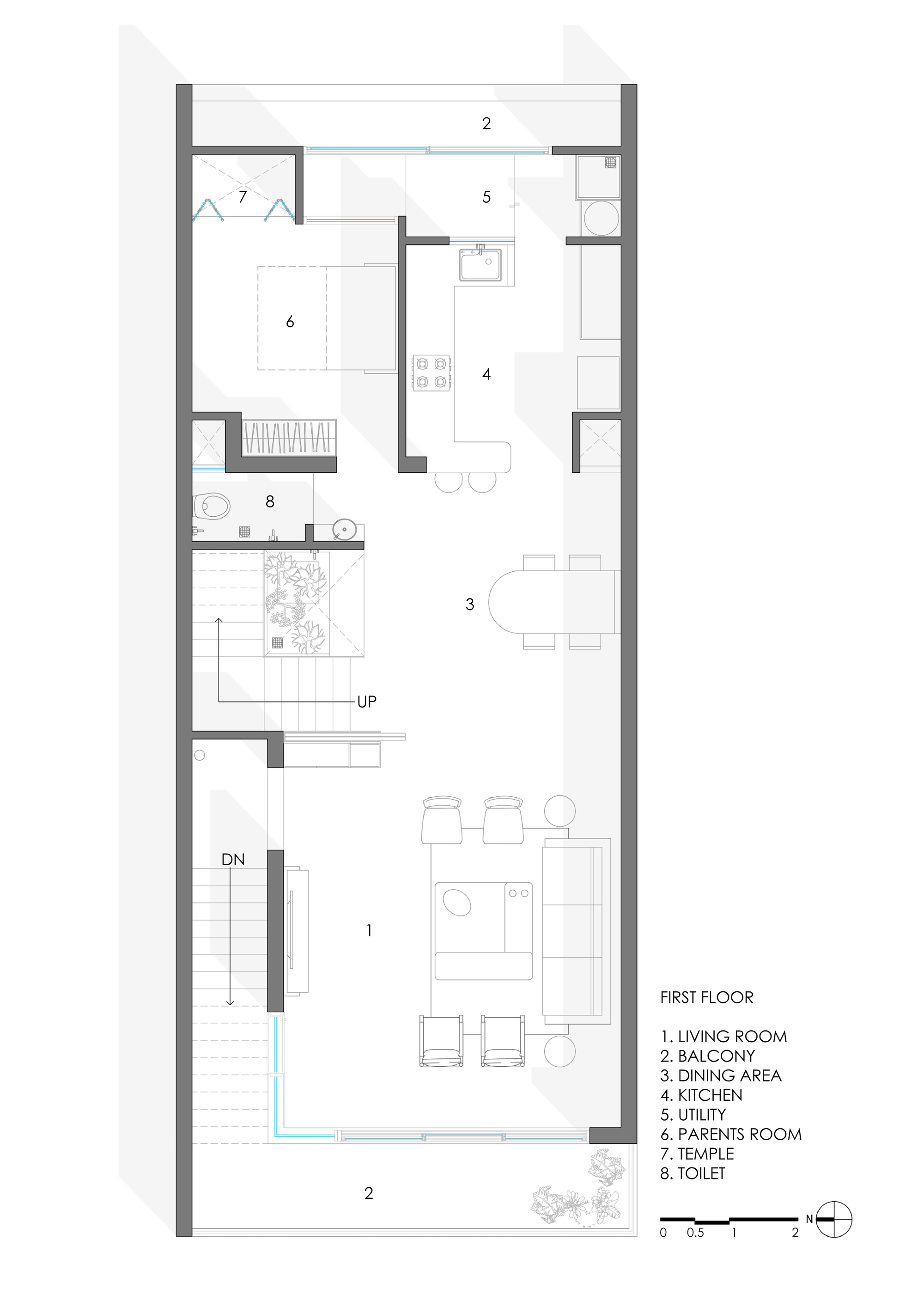 First floor plan drawing showing living room, kitchen, dining area, balcony and parents room