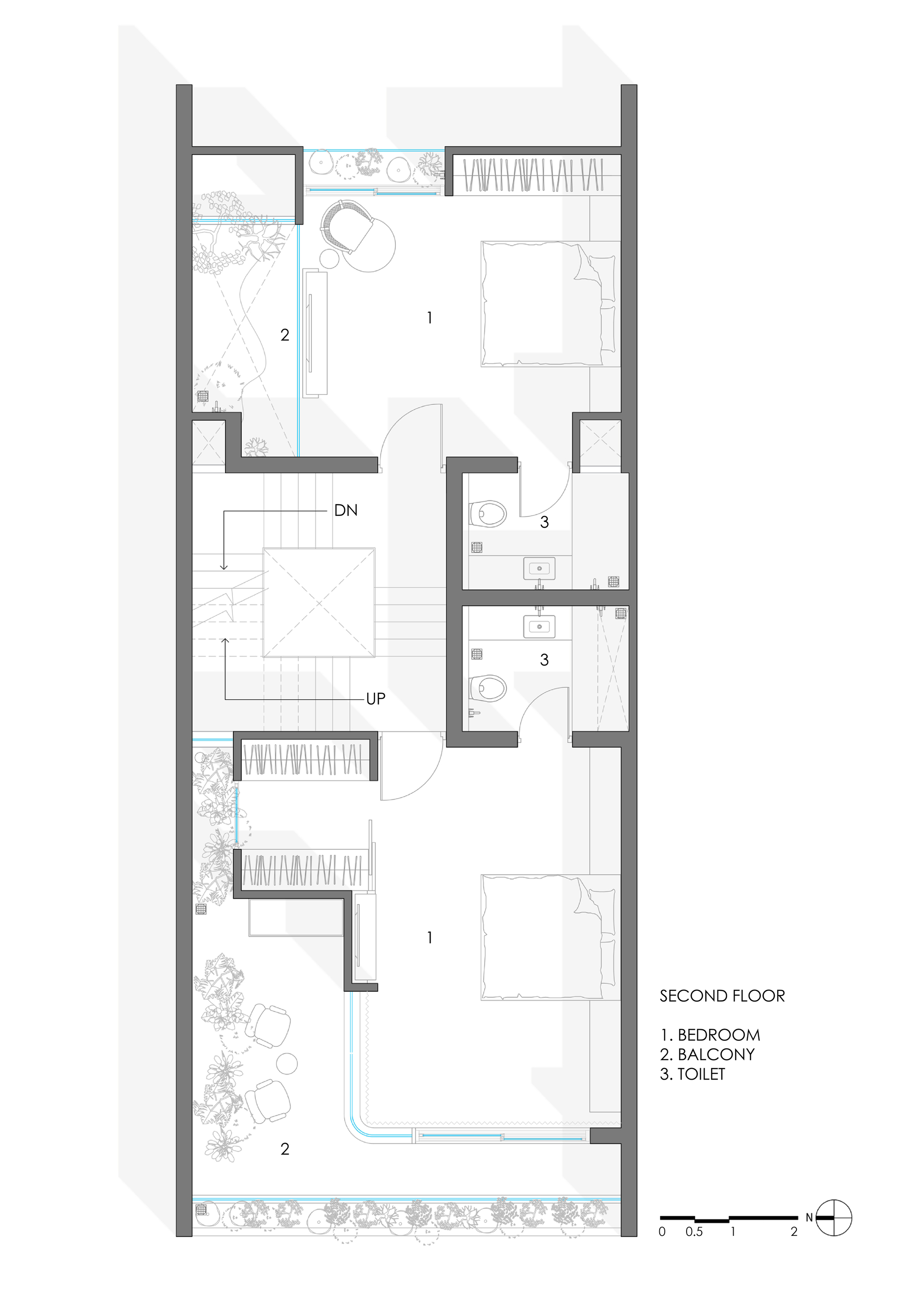Floor plan drawing of second level showing two bedrooms with balconies and central stairwell