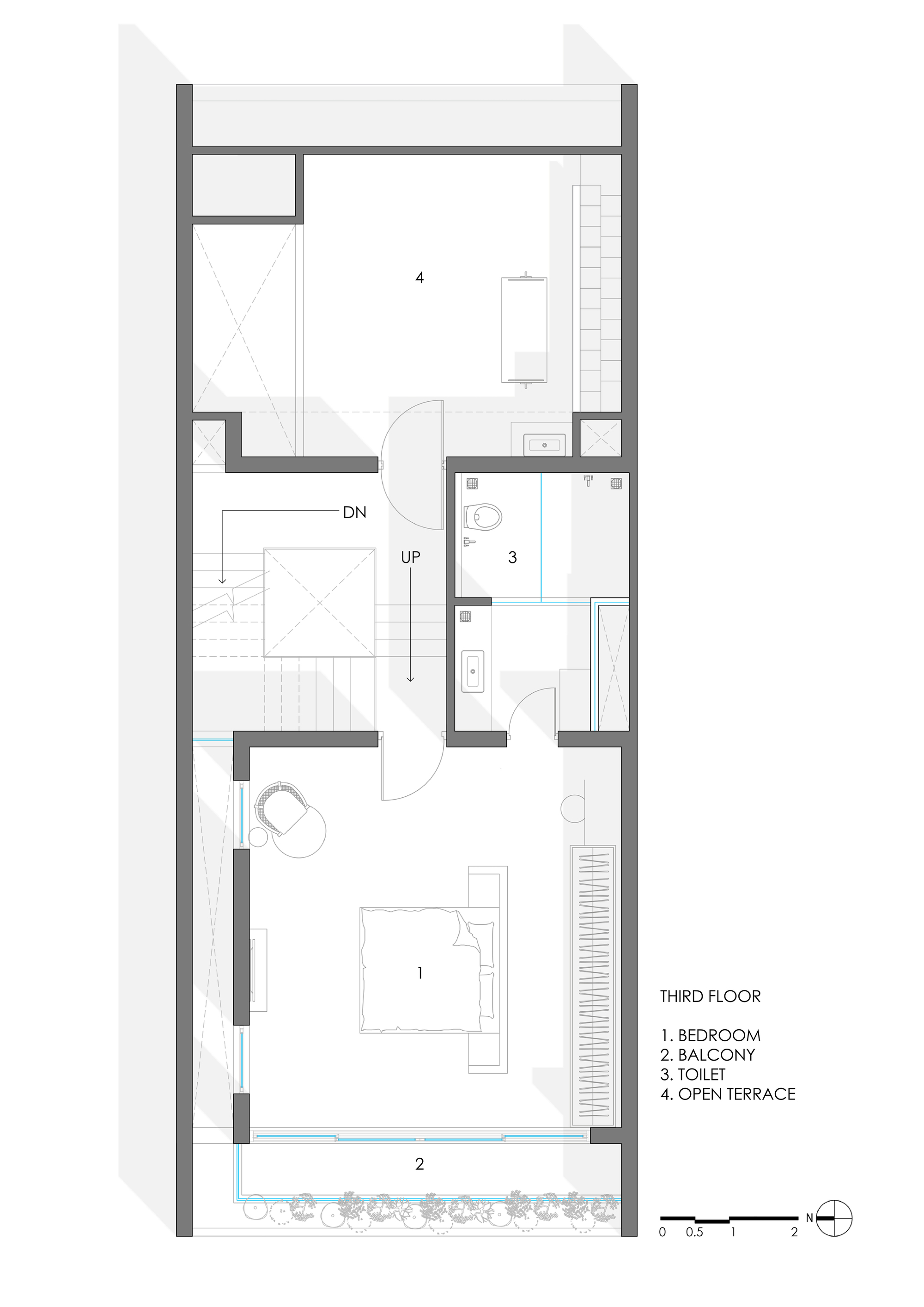 Floor plan drawing of third level showing bedroom with open terrace and toilet