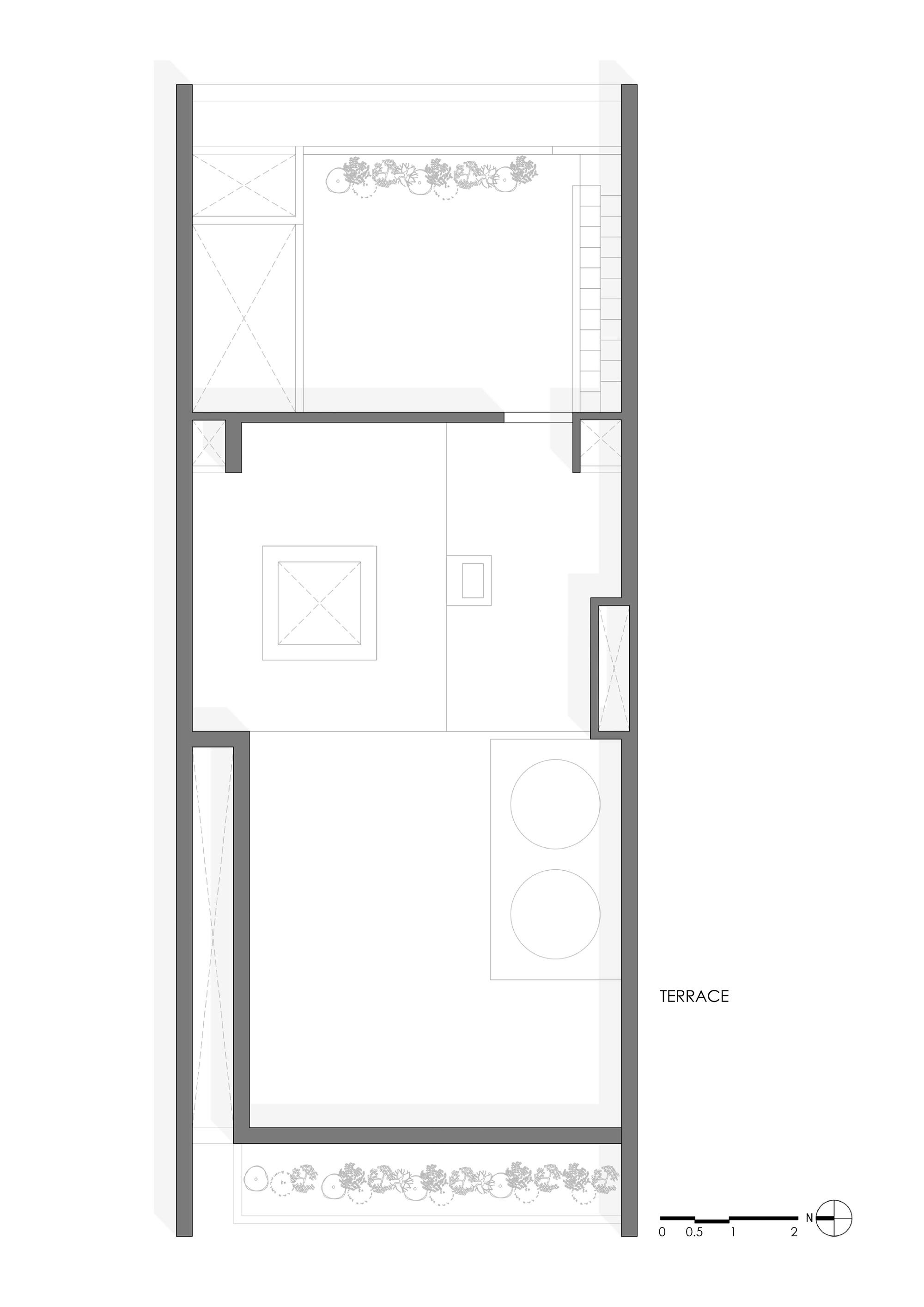 Floor plan drawing of rooftop terrace with planted beds and circular seating elements