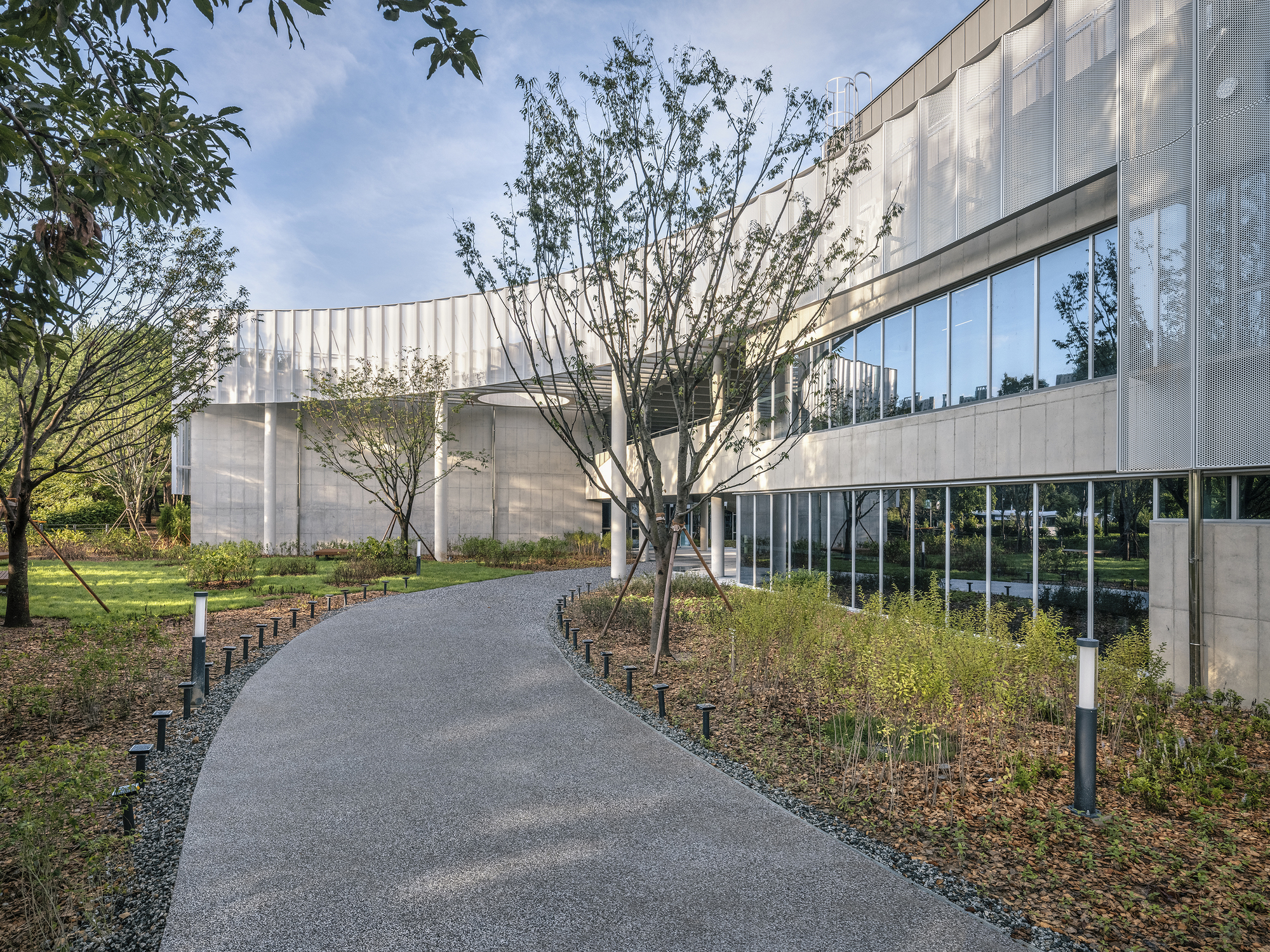 Paved walkway flanked by planted beds and young trees leading toward the translucent curtain wall facade