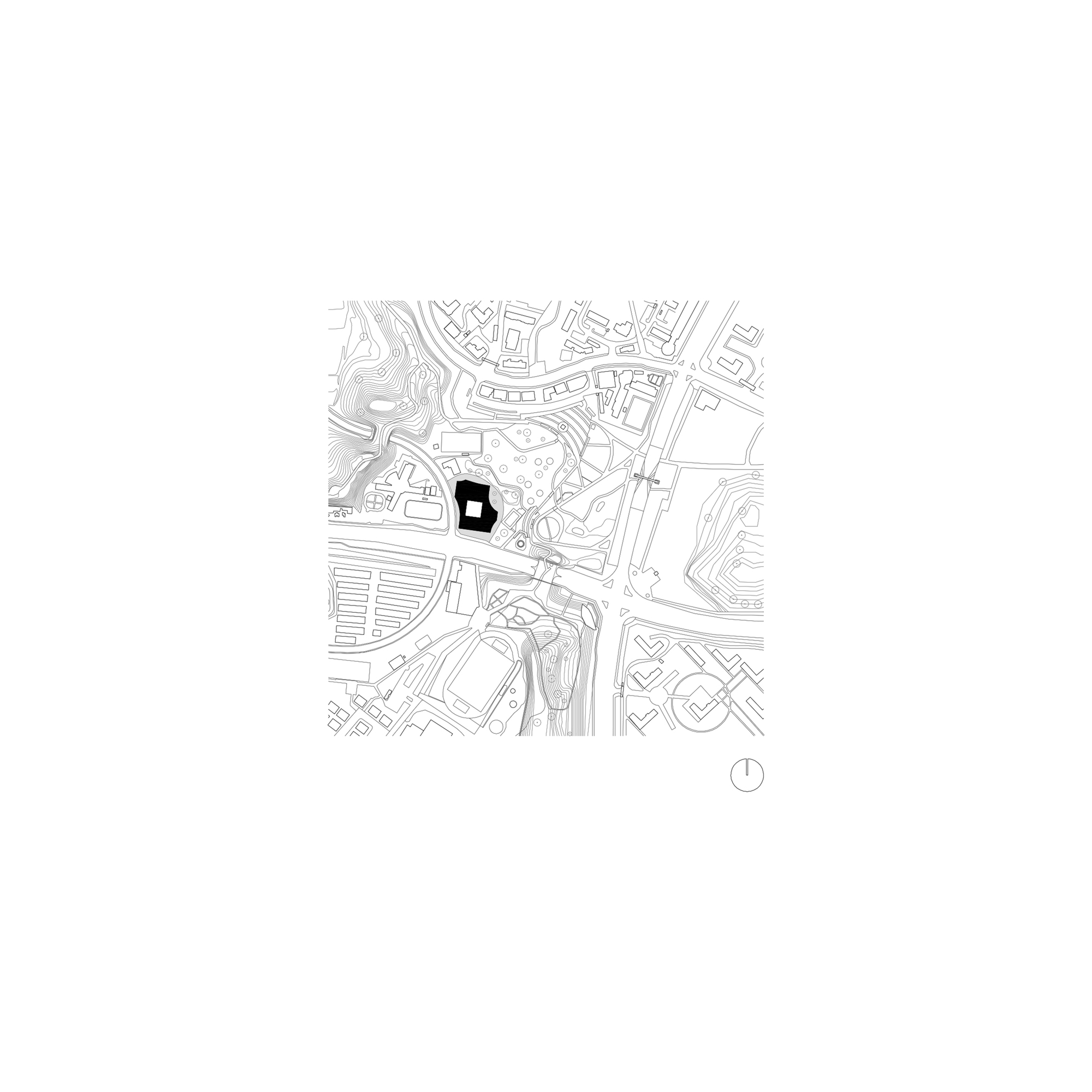 Site plan drawing showing a single pentagonal building footprint within the surrounding urban fabric