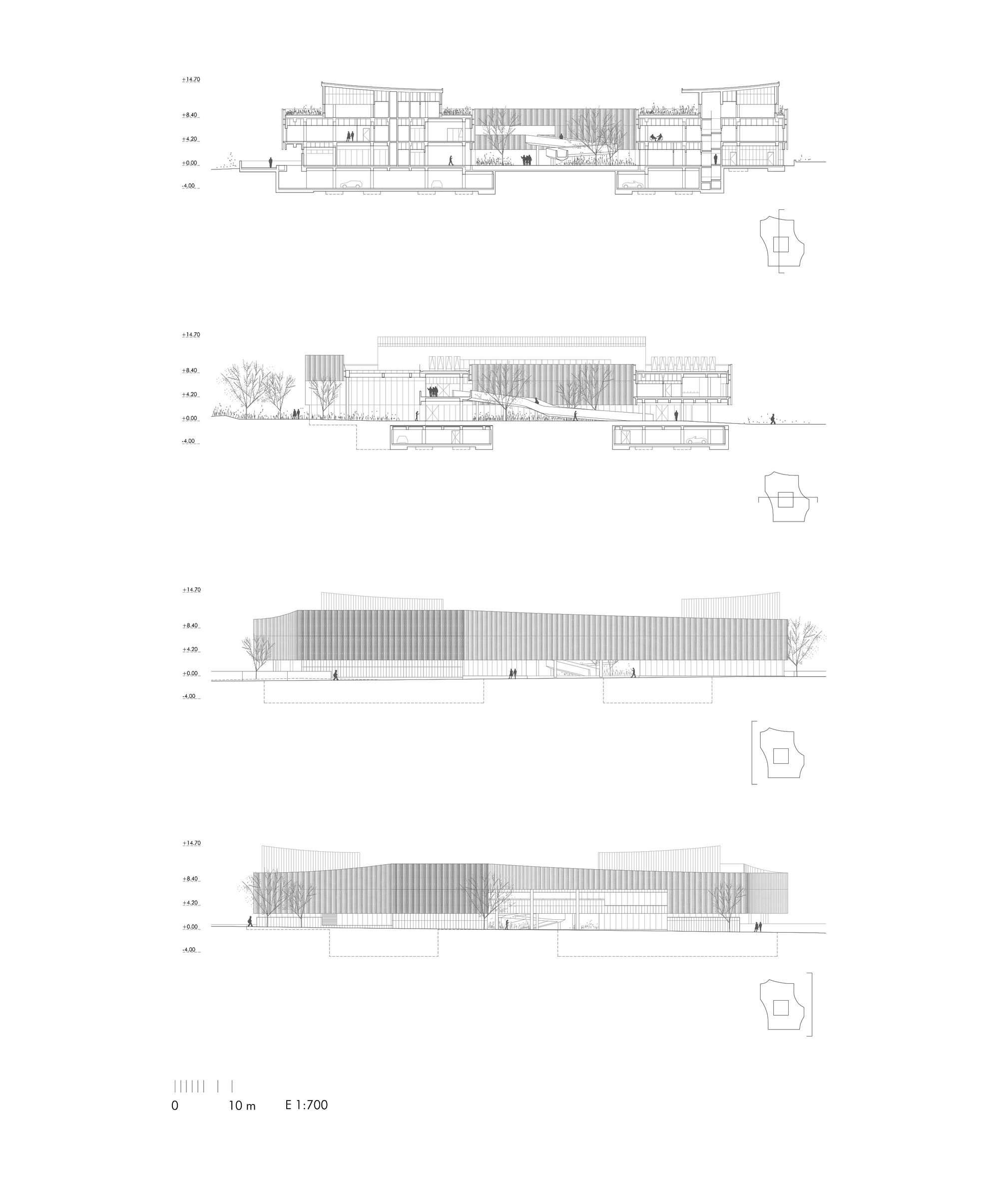 Four section drawings showing the internal spatial organization with vertical louvers and circulation elements