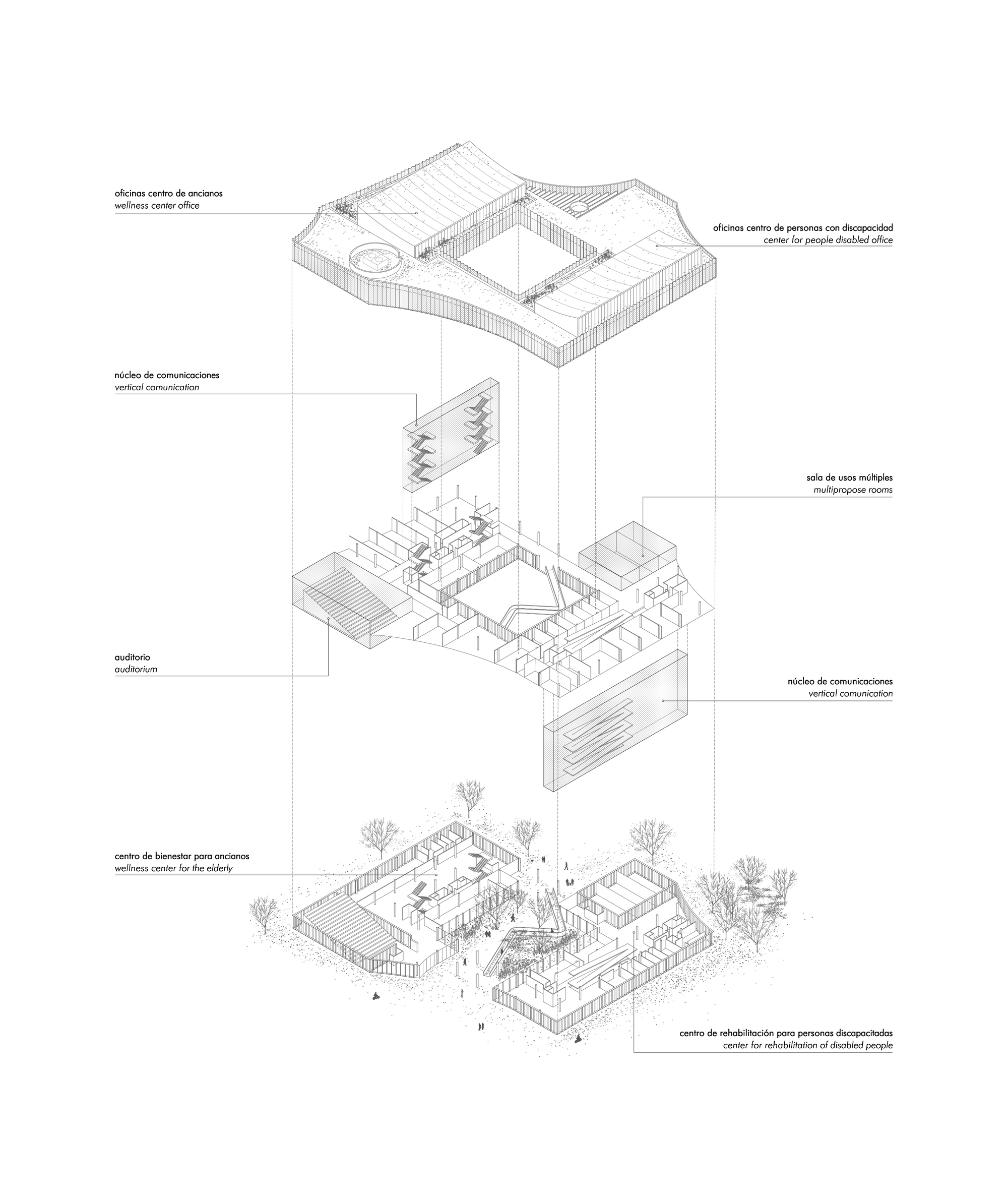 Exploded axonometric drawing showing layered components from courtyard level to rooftop