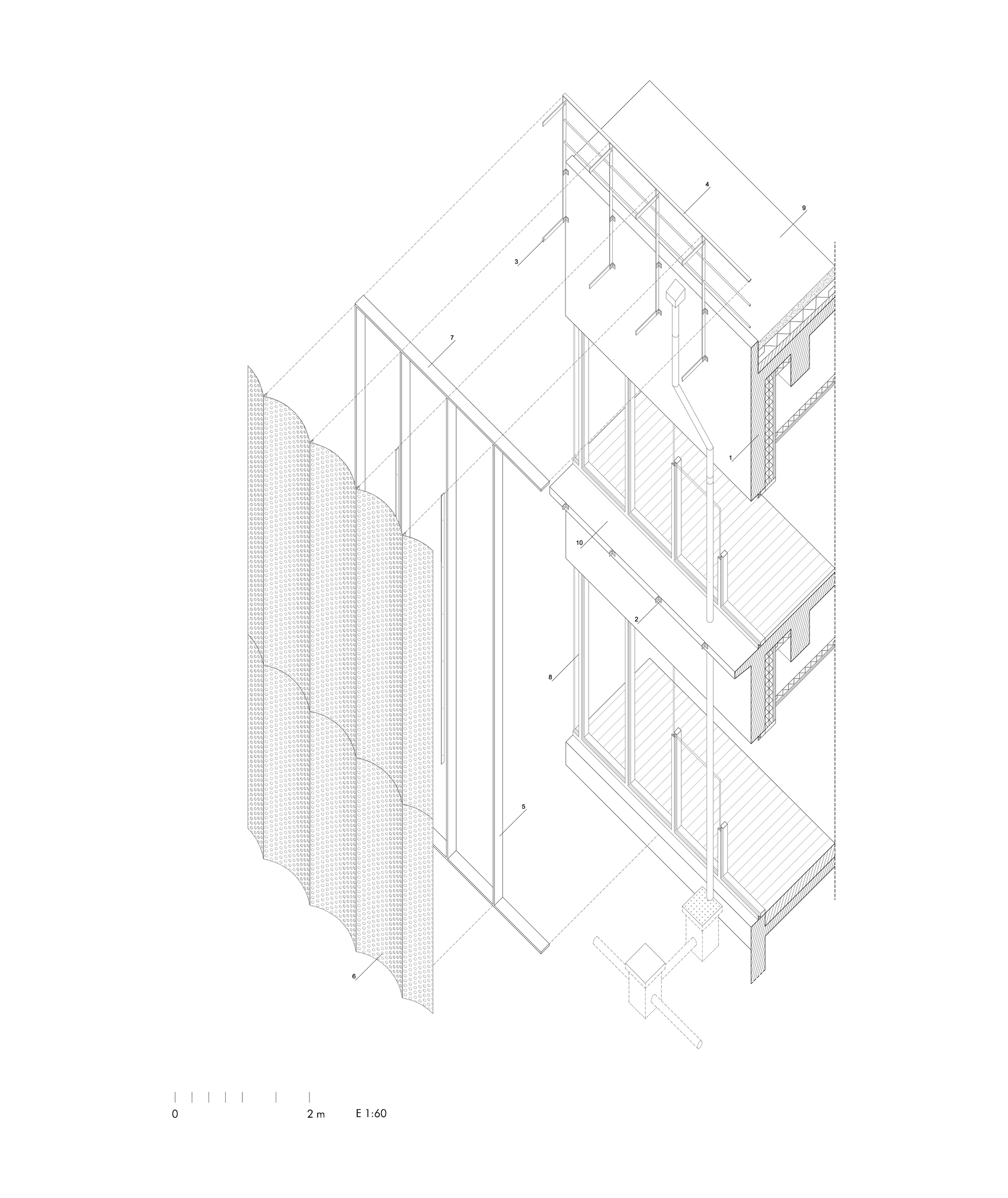 Isometric detail drawing of a corner facade assembly with vertical screening panels