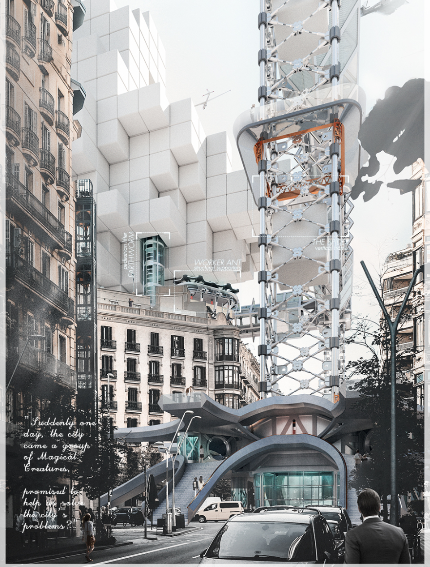 Adaptive modular structures rise above Barcelona’s historic fabric, creating a new vertical layer for future urban growth.