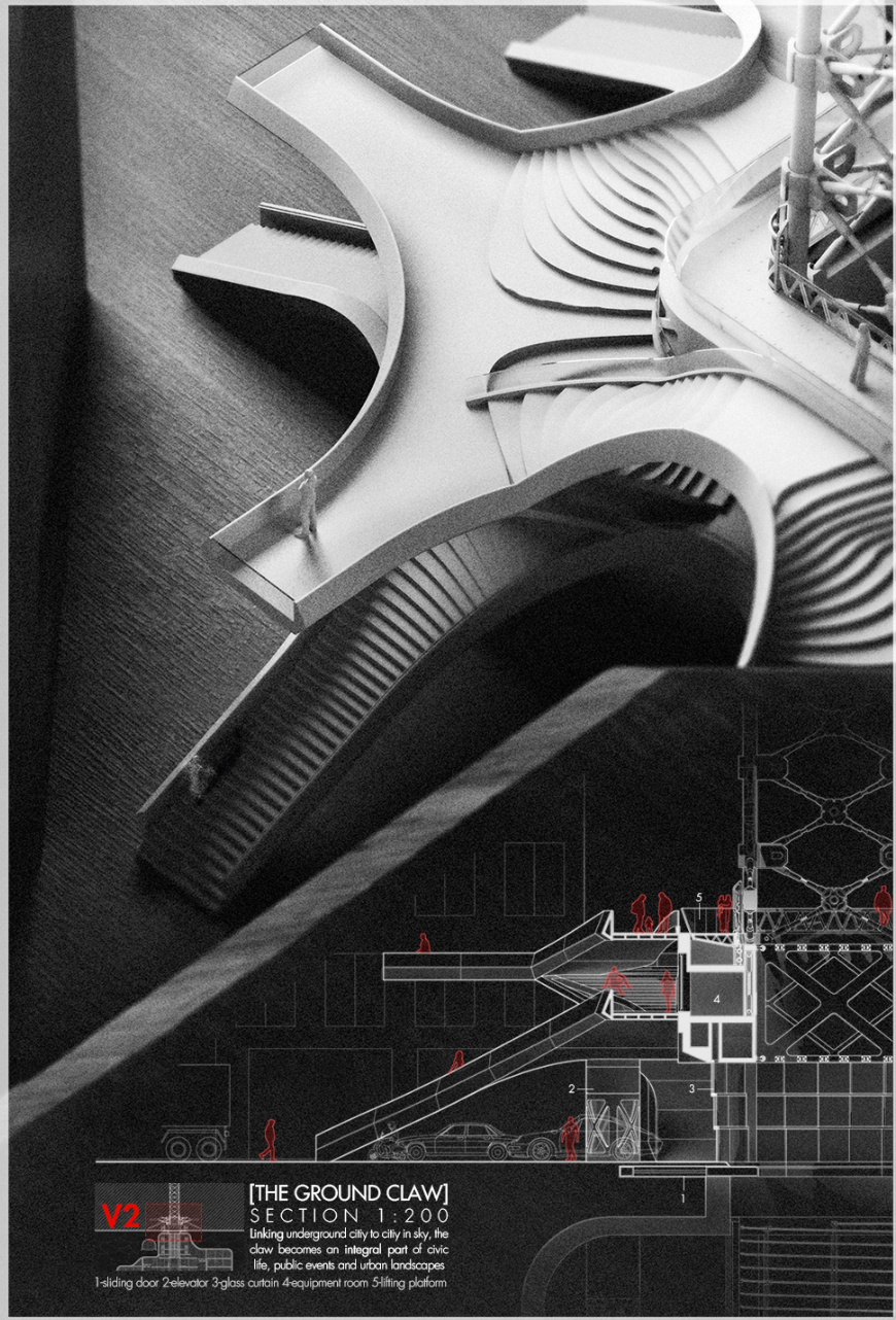 The Ground Claw links underground infrastructure, street activity, and elevated circulation within the modular city system.