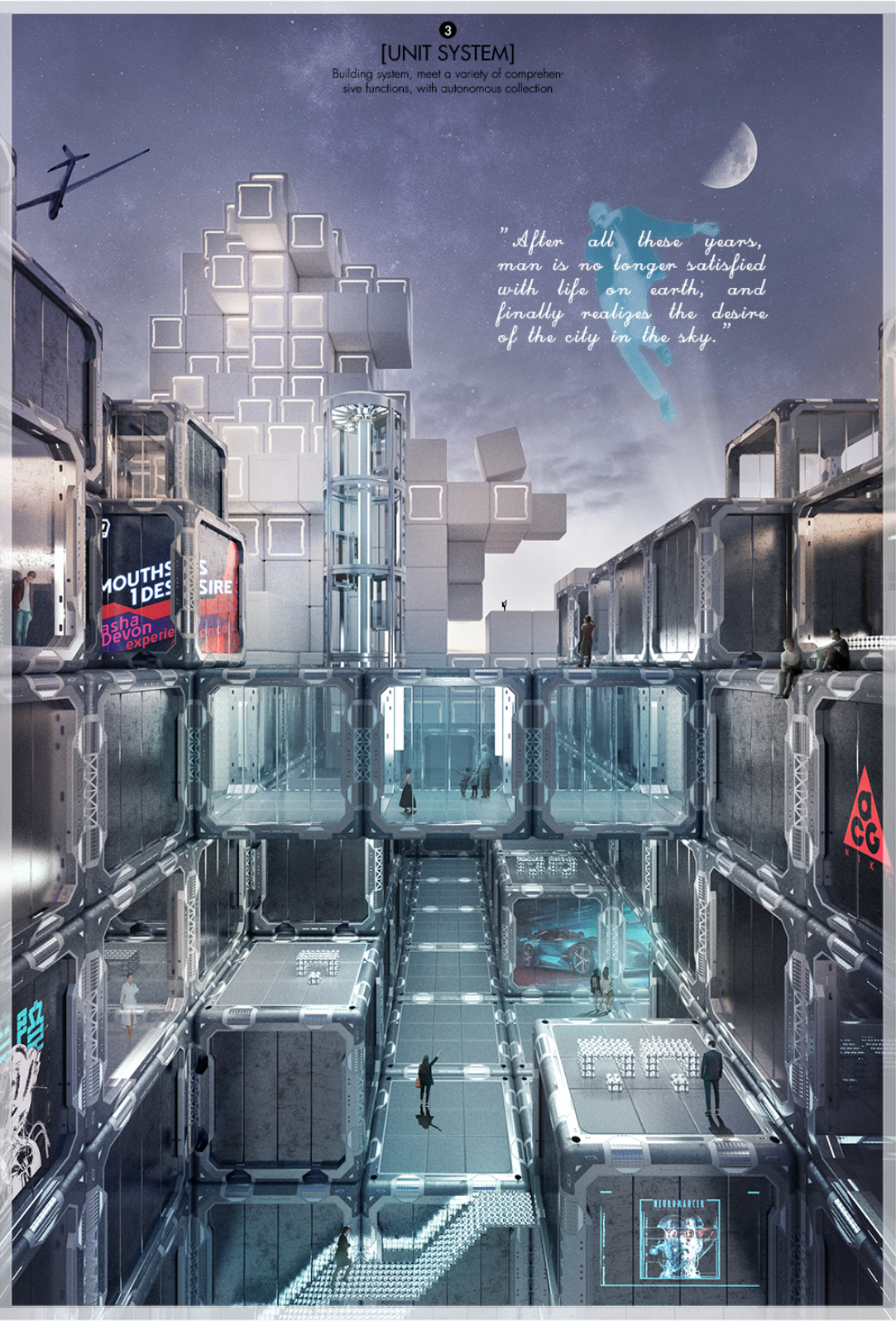 Flexible living units form a futuristic city in the sky, designed for changing functions and evolving urban needs.