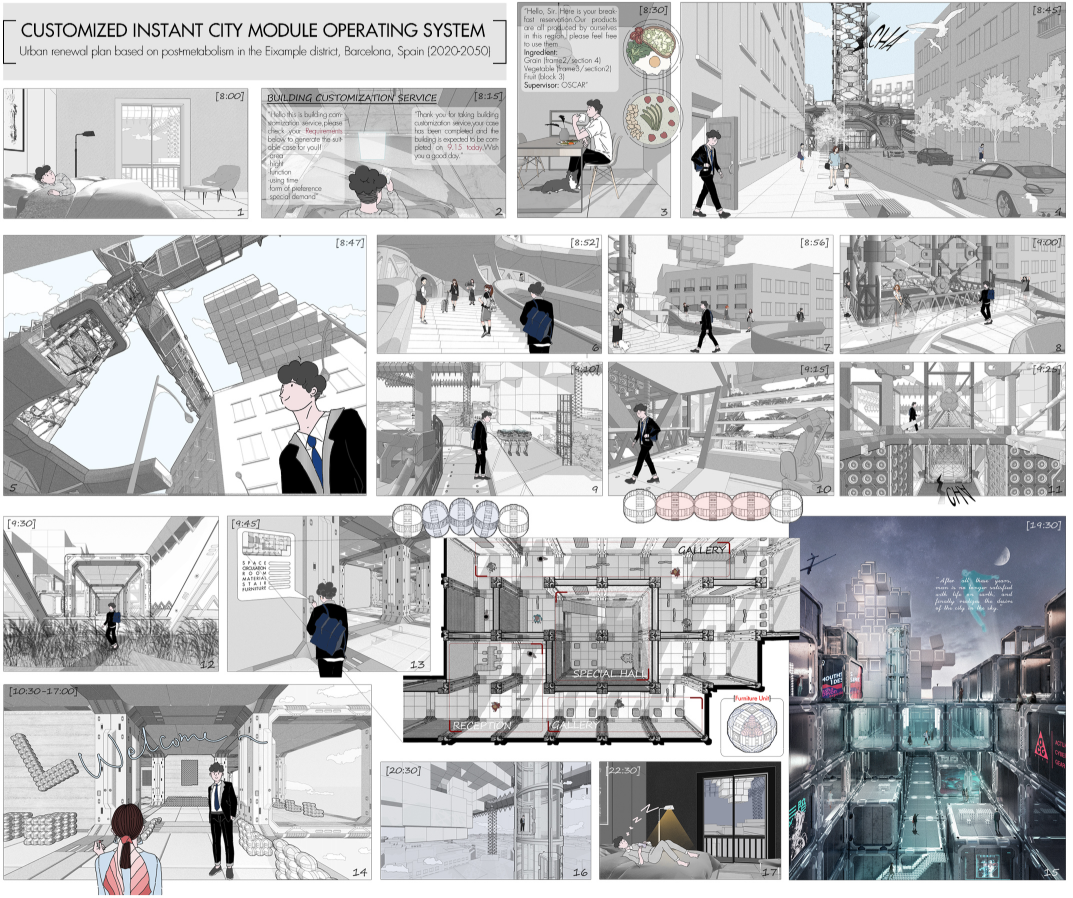 A storyboard visualizes daily life inside the responsive city, from customized living spaces to elevated public environments.