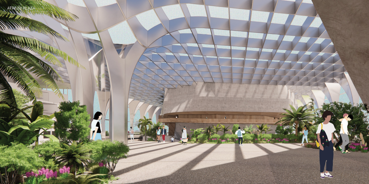 Interior view of the latticed canopy sheltering a landscaped plaza with tropical plantings and pedestrians
