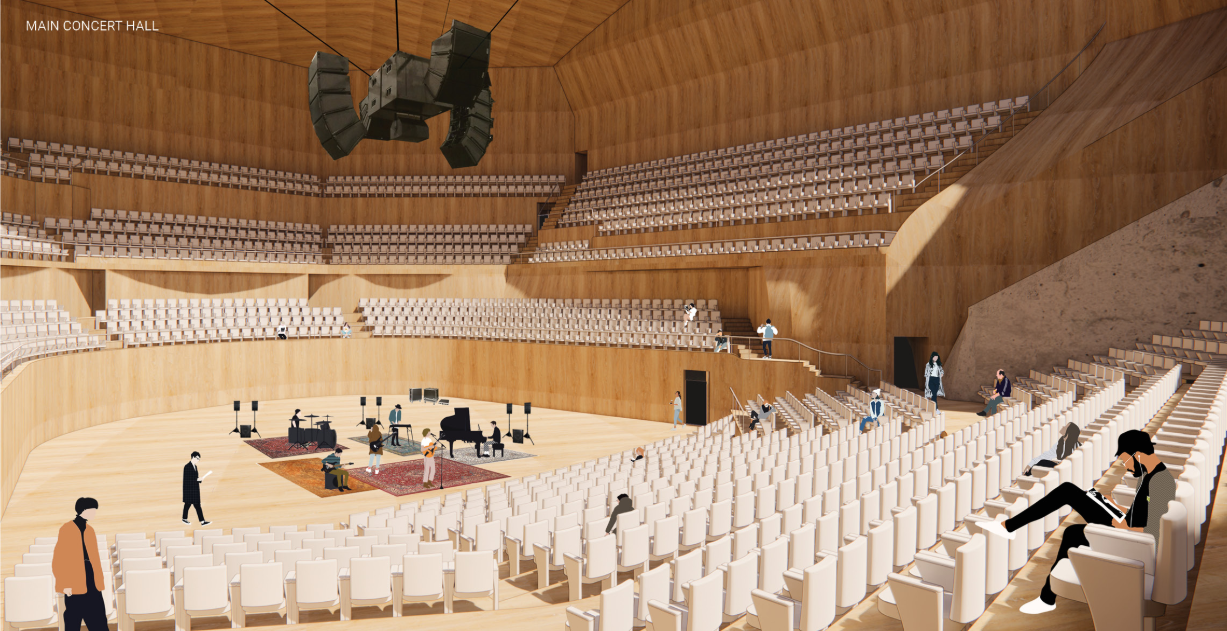 Concert hall interior with tiered seating wrapping around a central stage under timber ceiling panels