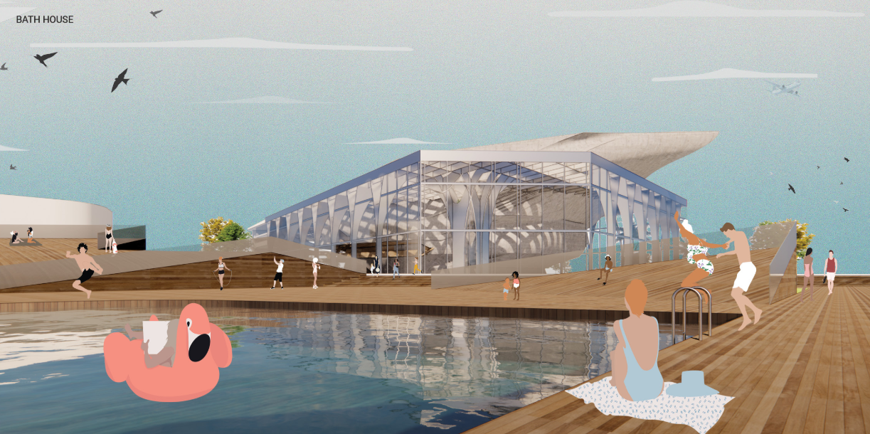 Rendering of the waterfront pavilion with glass walls and timber deck alongside bathers and birds