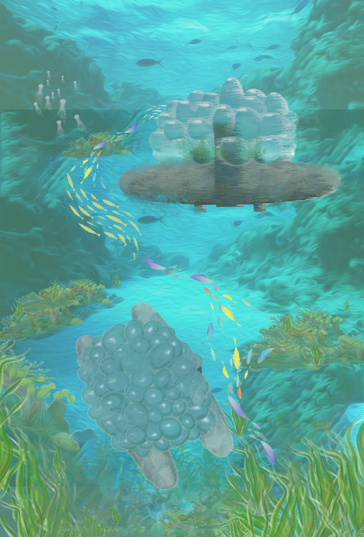 Underwater view of clustered spherical modules on floating platforms surrounded by coral and tropical fish