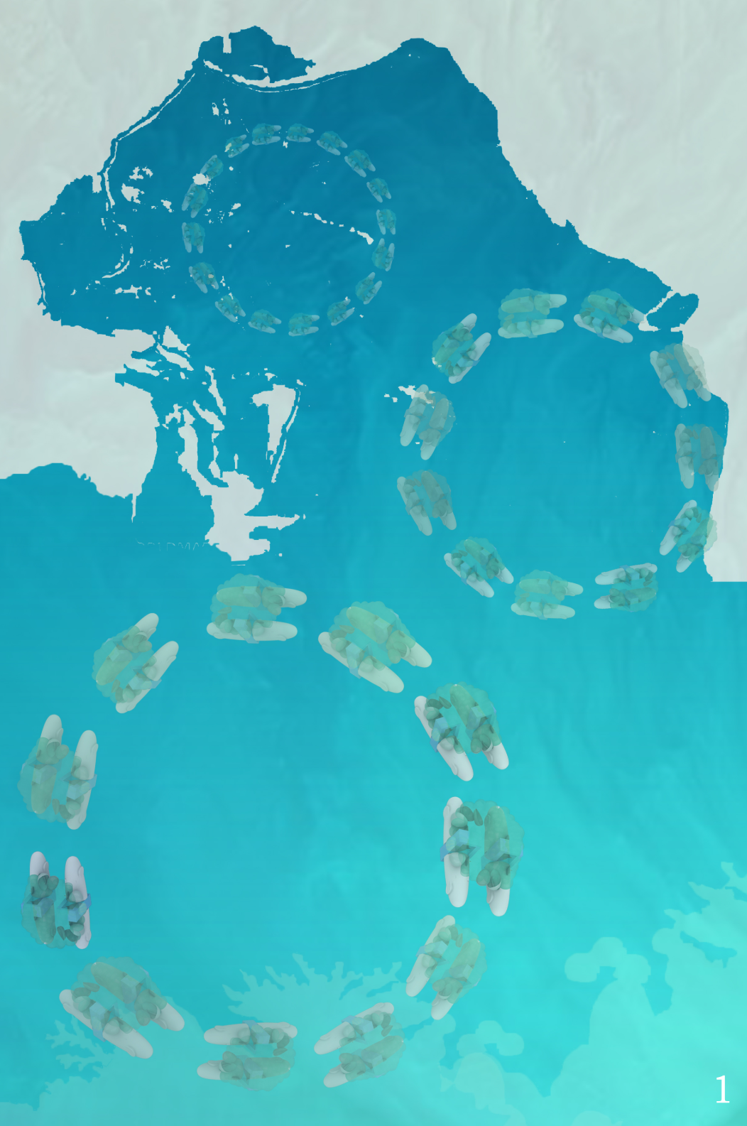 Site plan drawing showing circular central hub with radial extensions and scattered oval modules in water