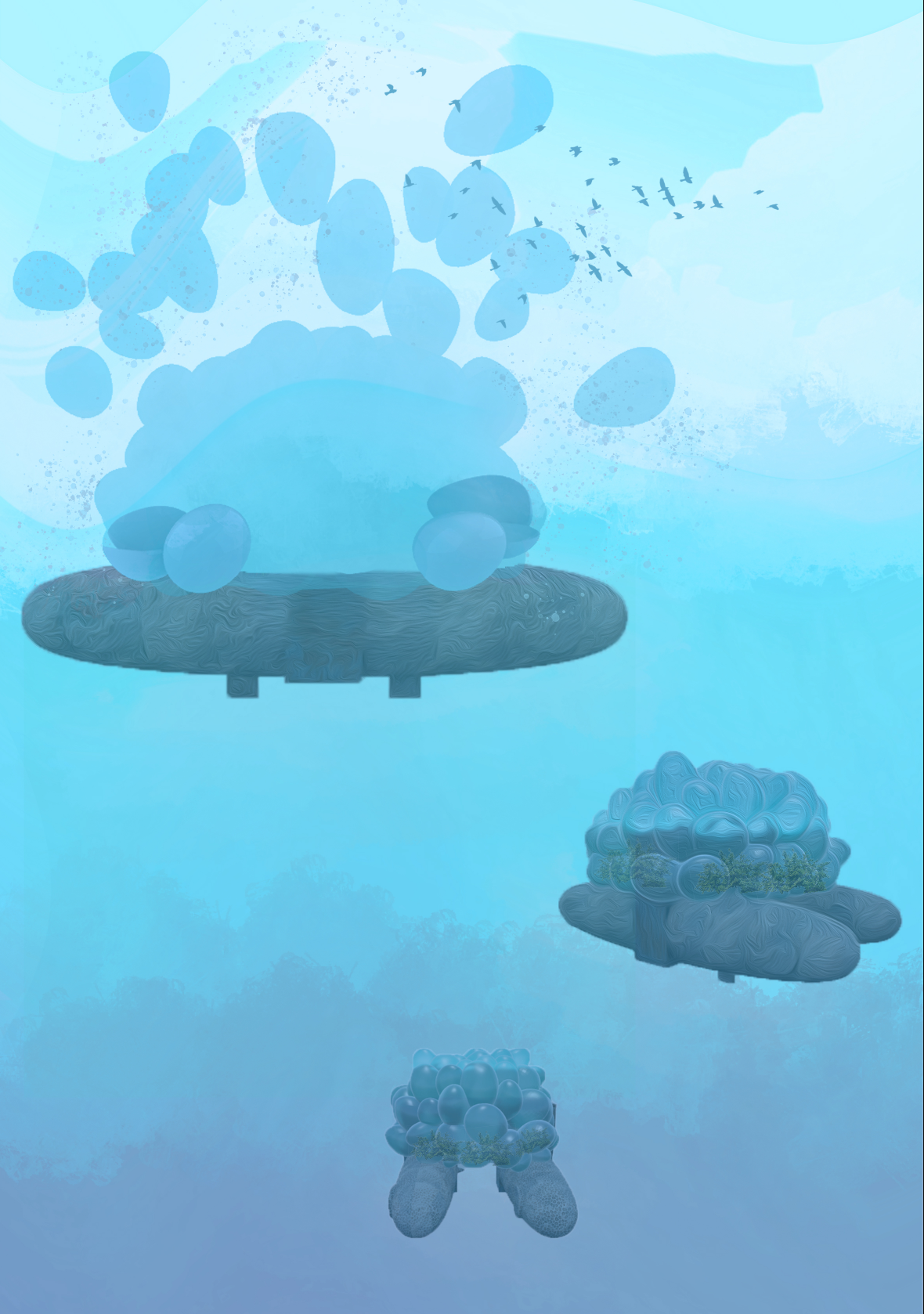 Sectional diagram of stacked floating platforms supporting spherical units dispersing into the air above