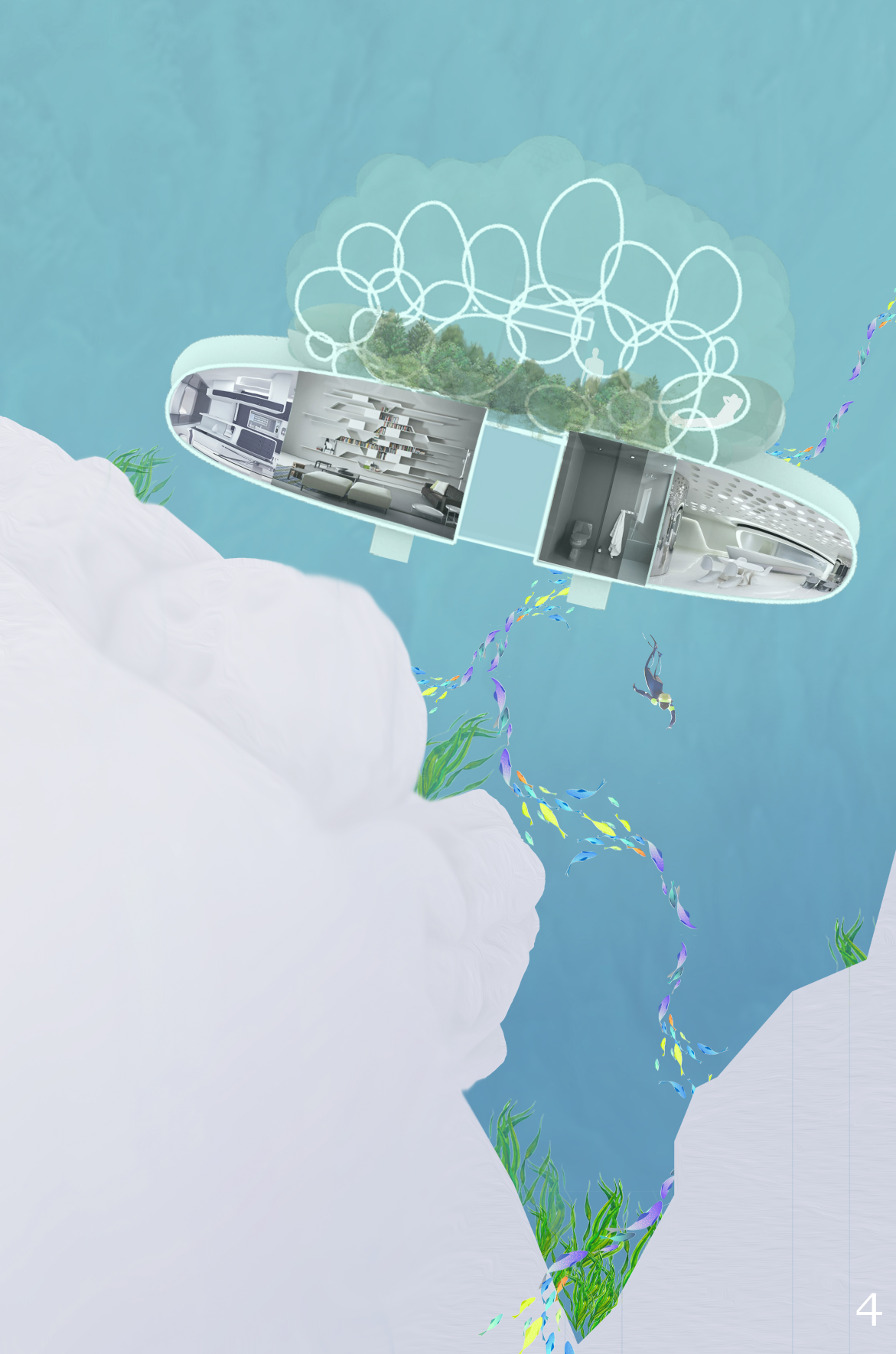 Axonometric drawing of an oval floating platform with interior spaces and rooftop garden between rocky shores